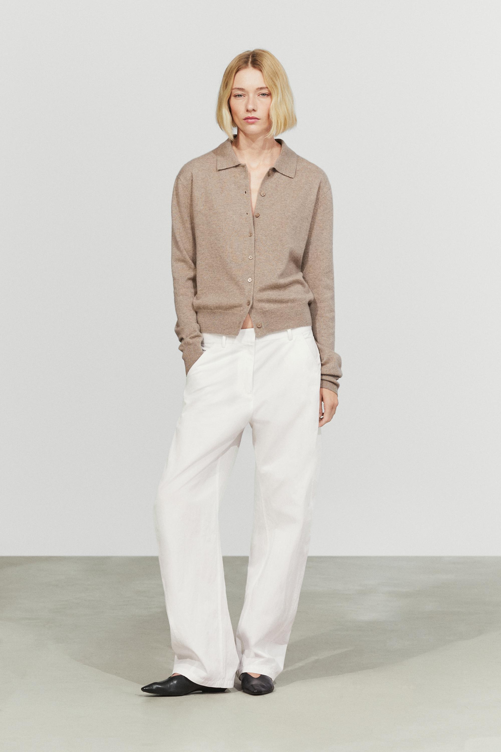 100% cashmere knit polo collar cardigan — MINK