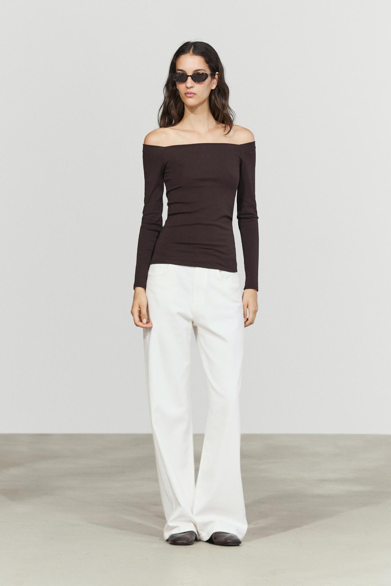 Stretch long sleeve top — BROWN
