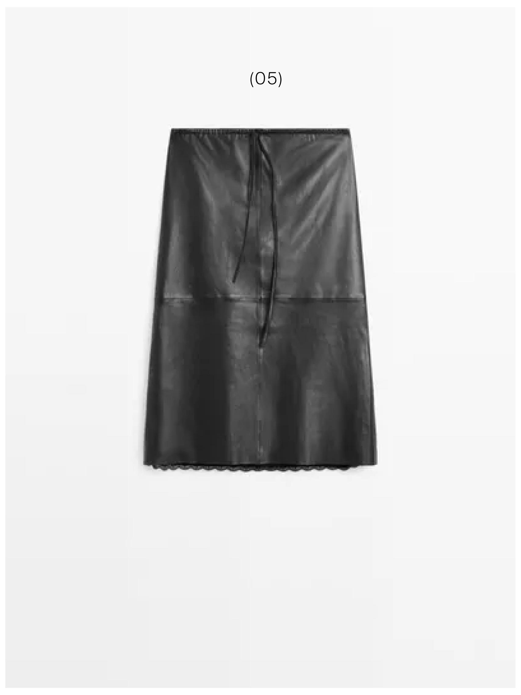 Nappa leather midi skirt with lace detail — BLACK