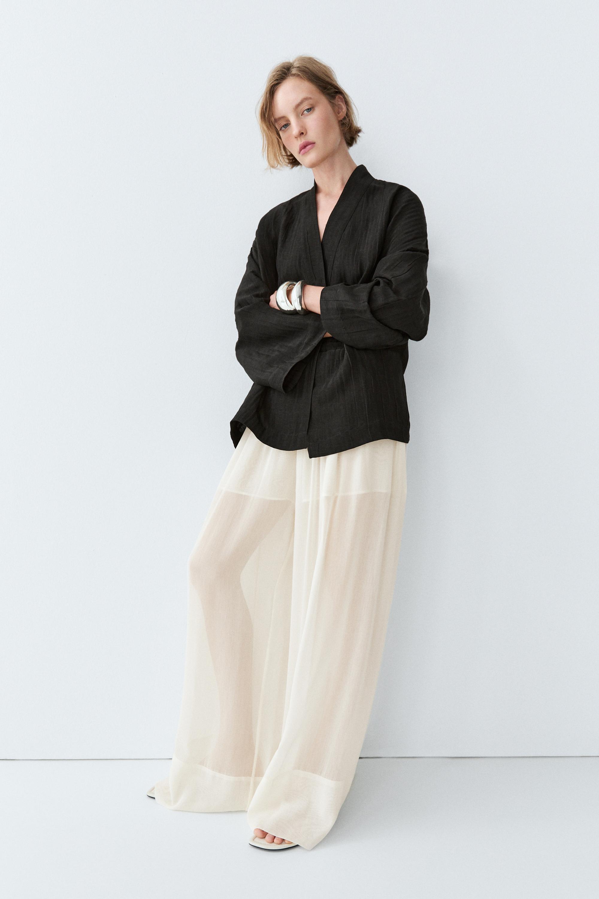 Textured linen blend V-neck kimono — BLACK