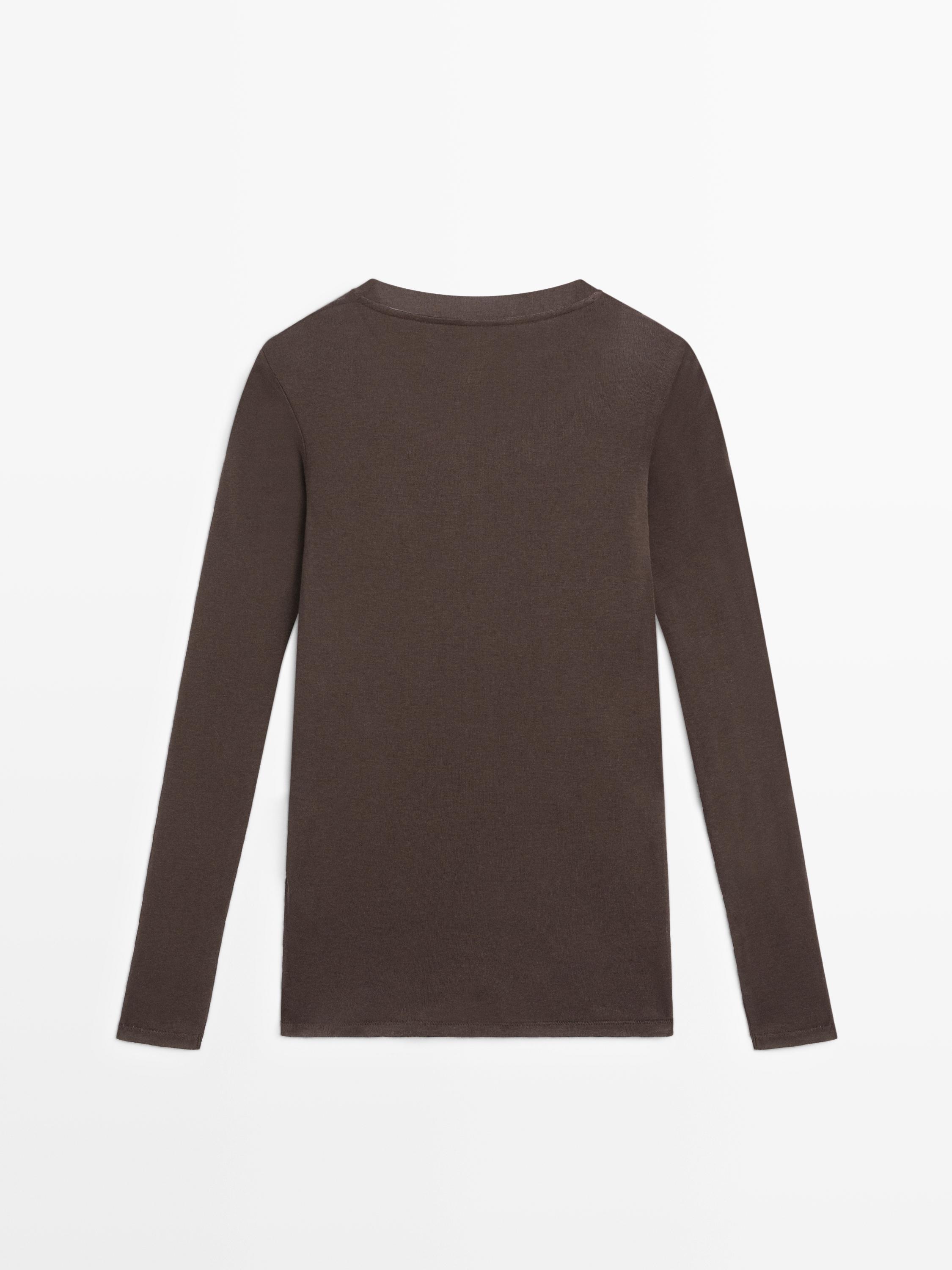 100% cotton semi-sheer T-shirt with collar detail — BROWN