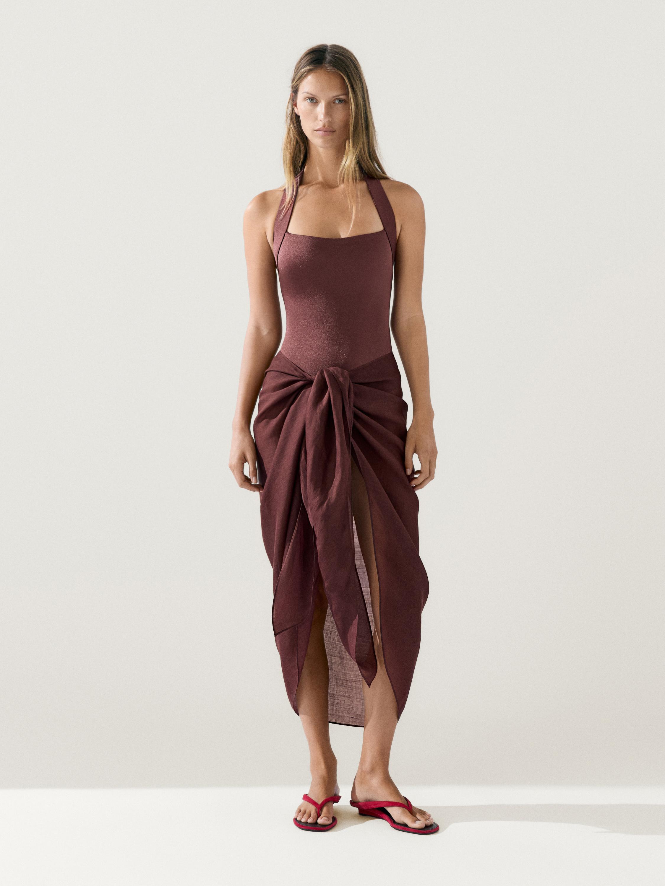 Shimmery halter swimsuit — BROWN