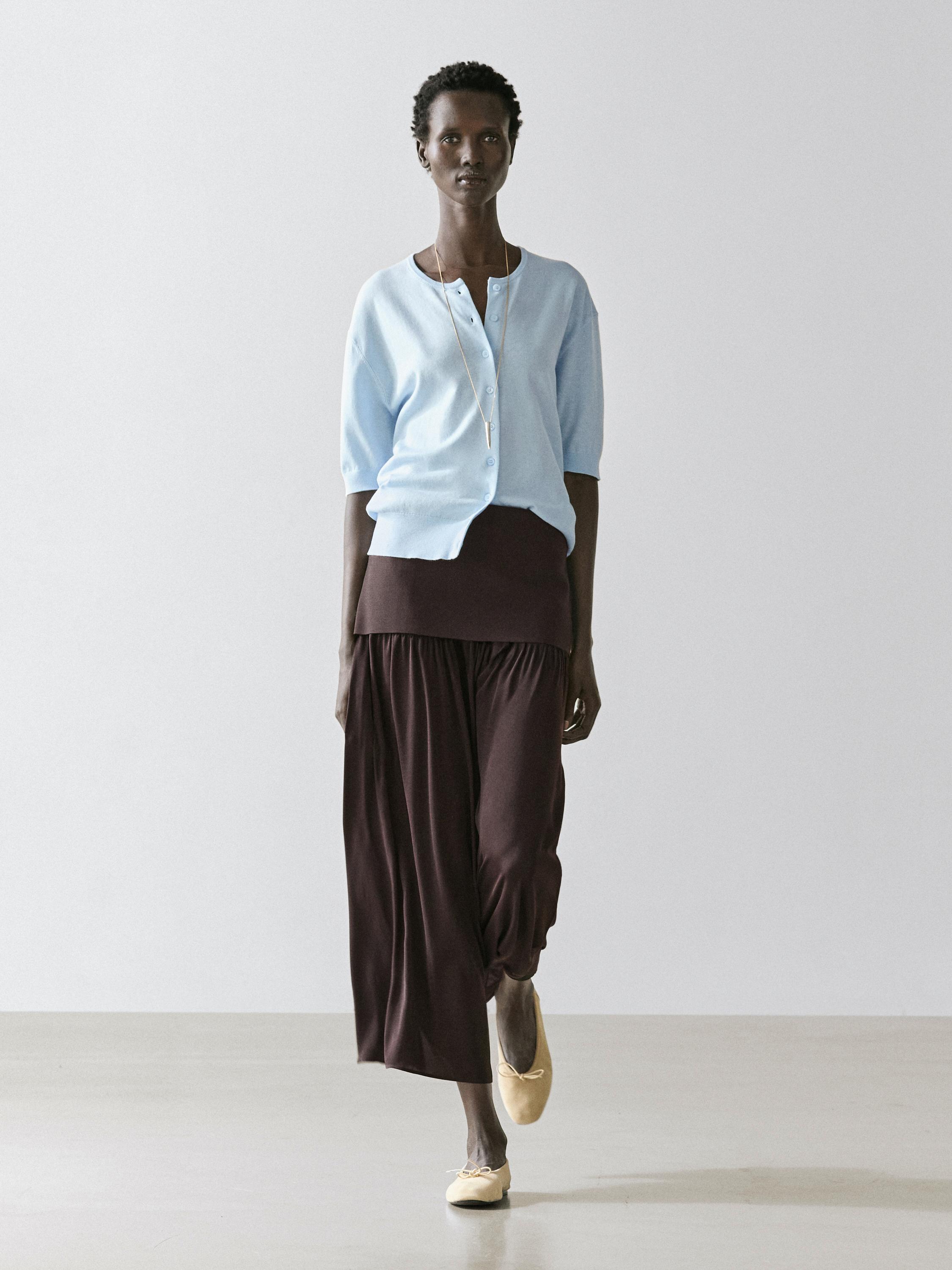 Flowing contrast midi skirt — BROWN