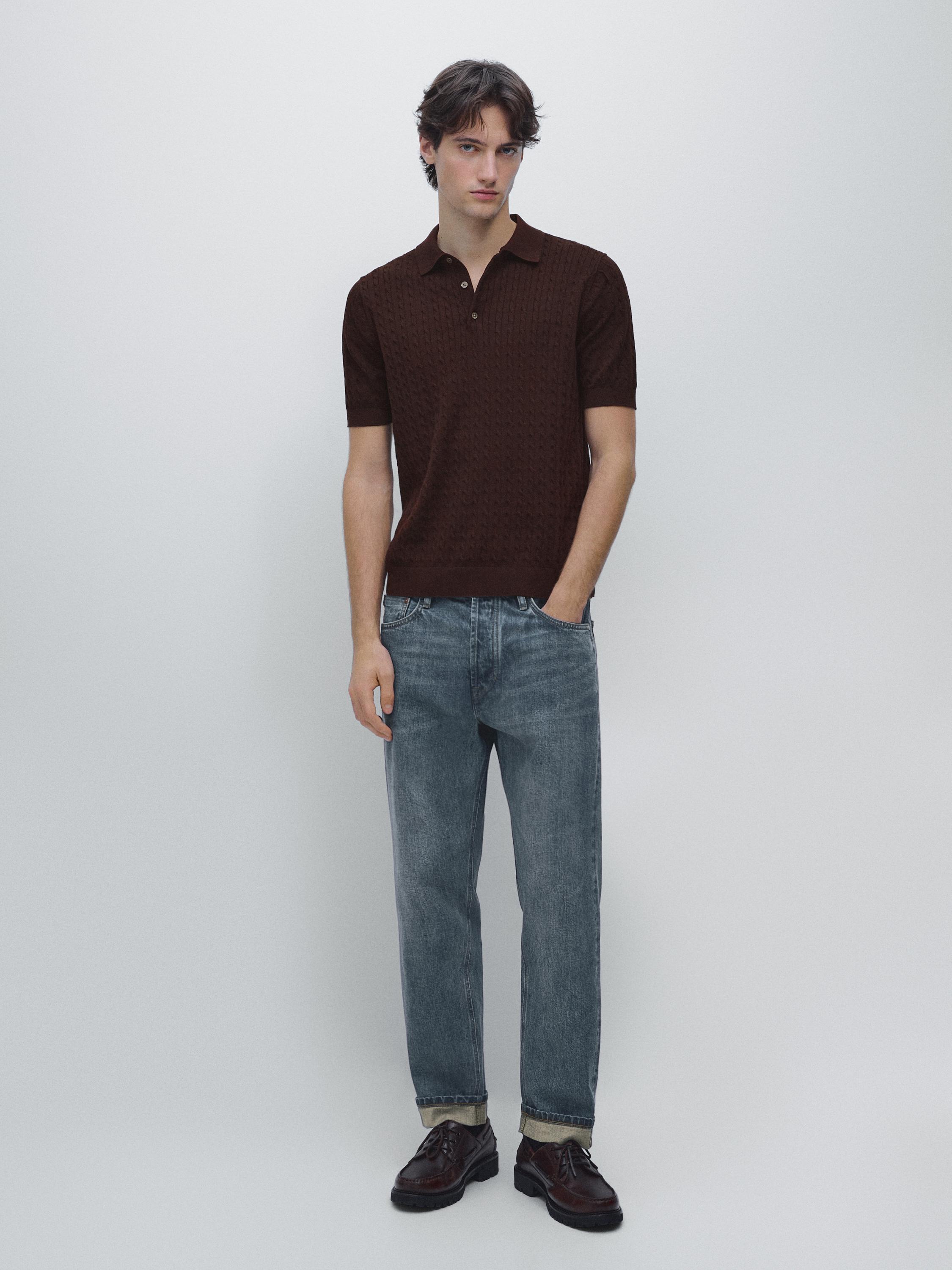 100% cotton cable-knit polo shirt — BURGUNDY