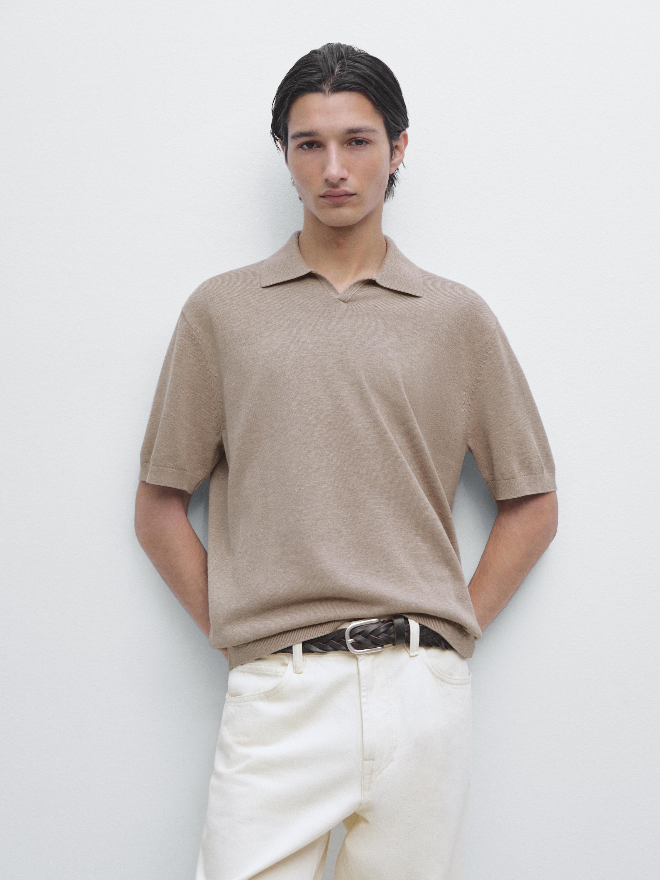 Cotton blend knit polo sweater — MINK