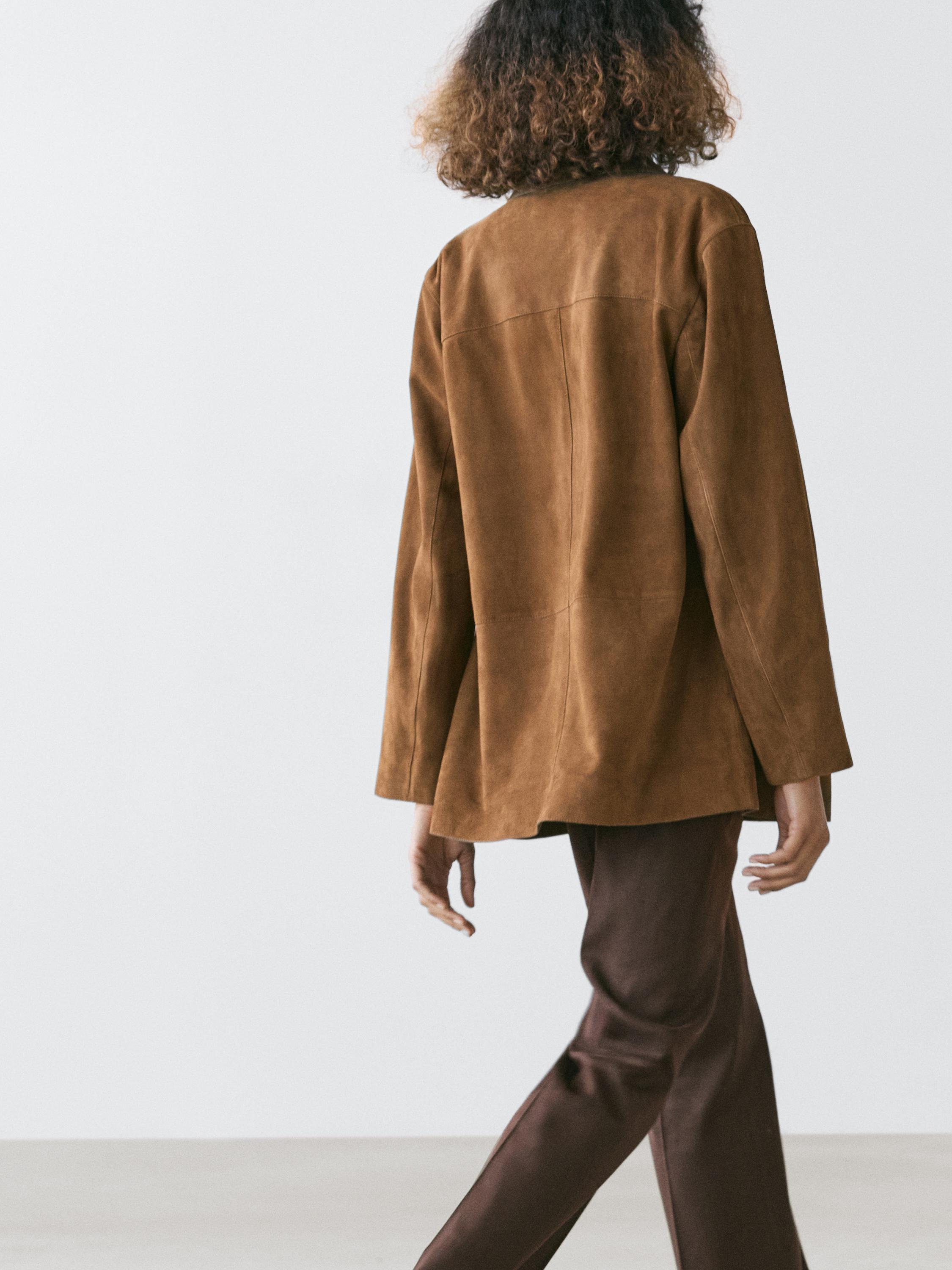 100% suede leather blazer with lapel collar — BROWN