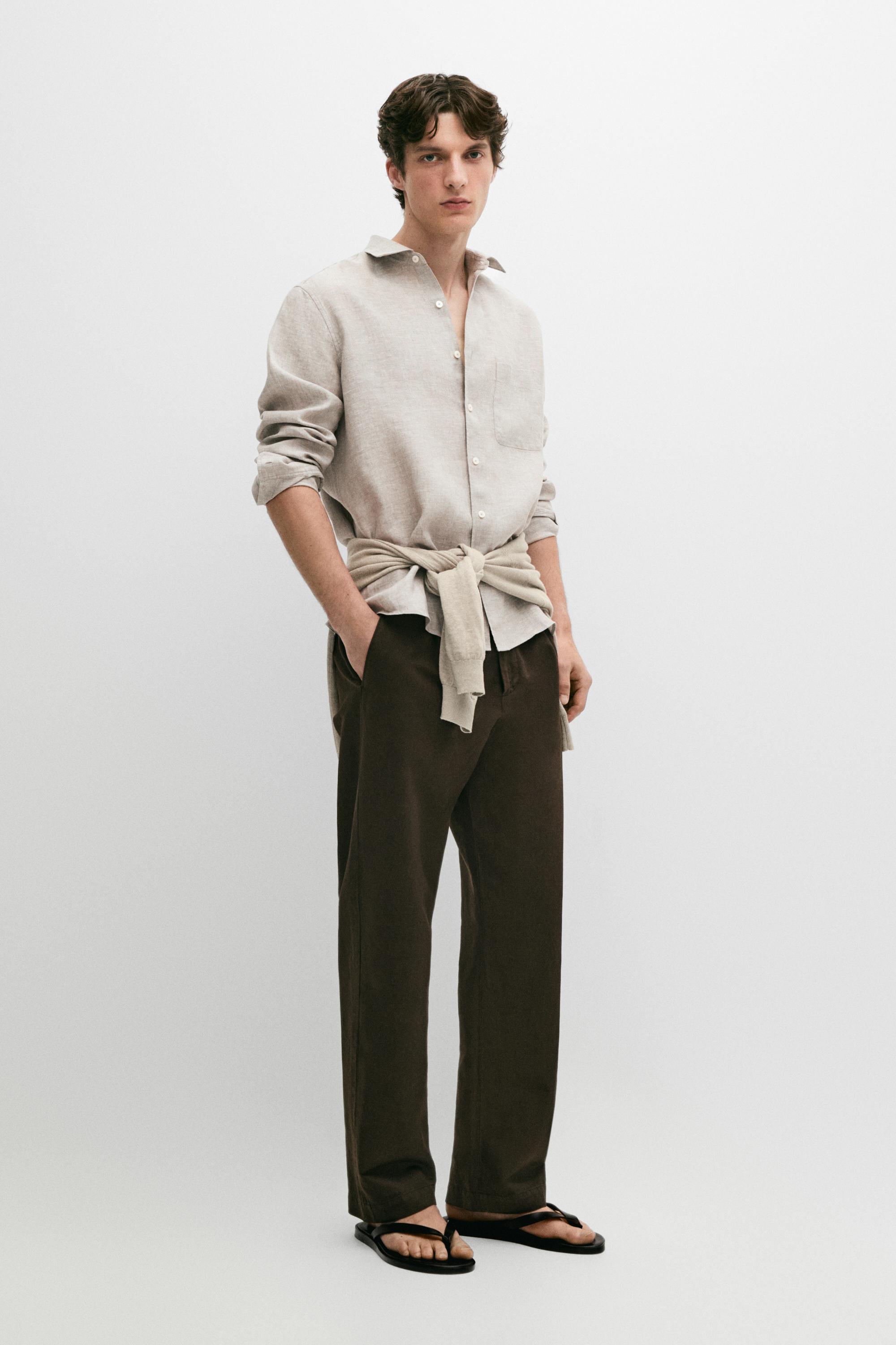 Льняная рубашка свободного кроя с карманом