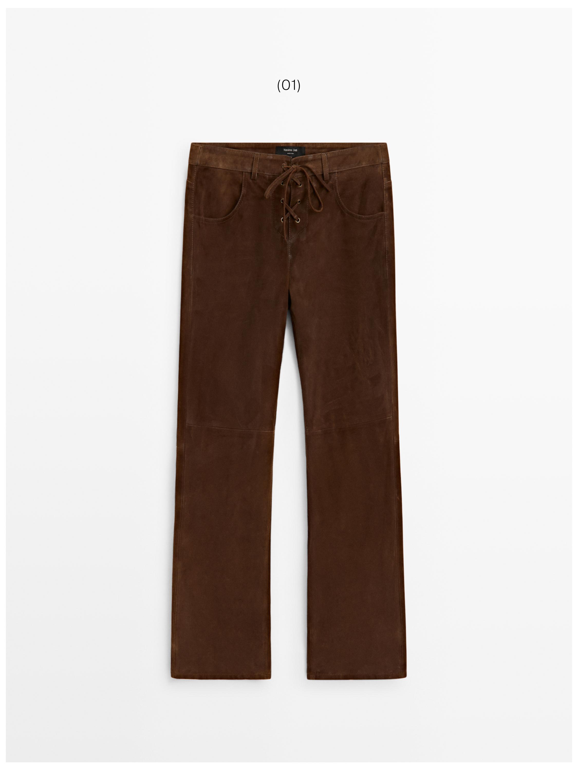 Cropped suede leather trousers with drawstrings — BROWN