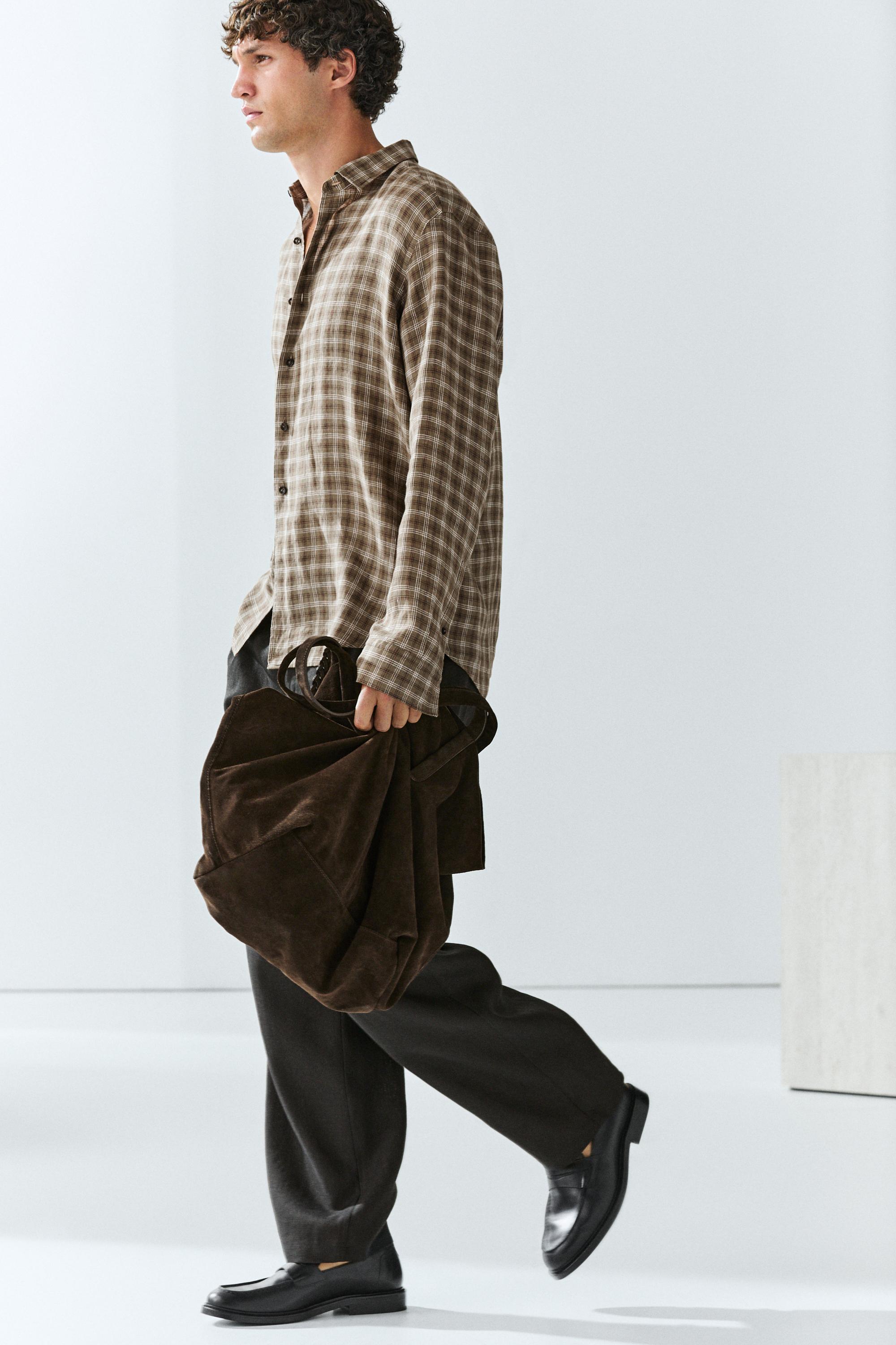 100% linen regular fit check shirt — BROWN MARL