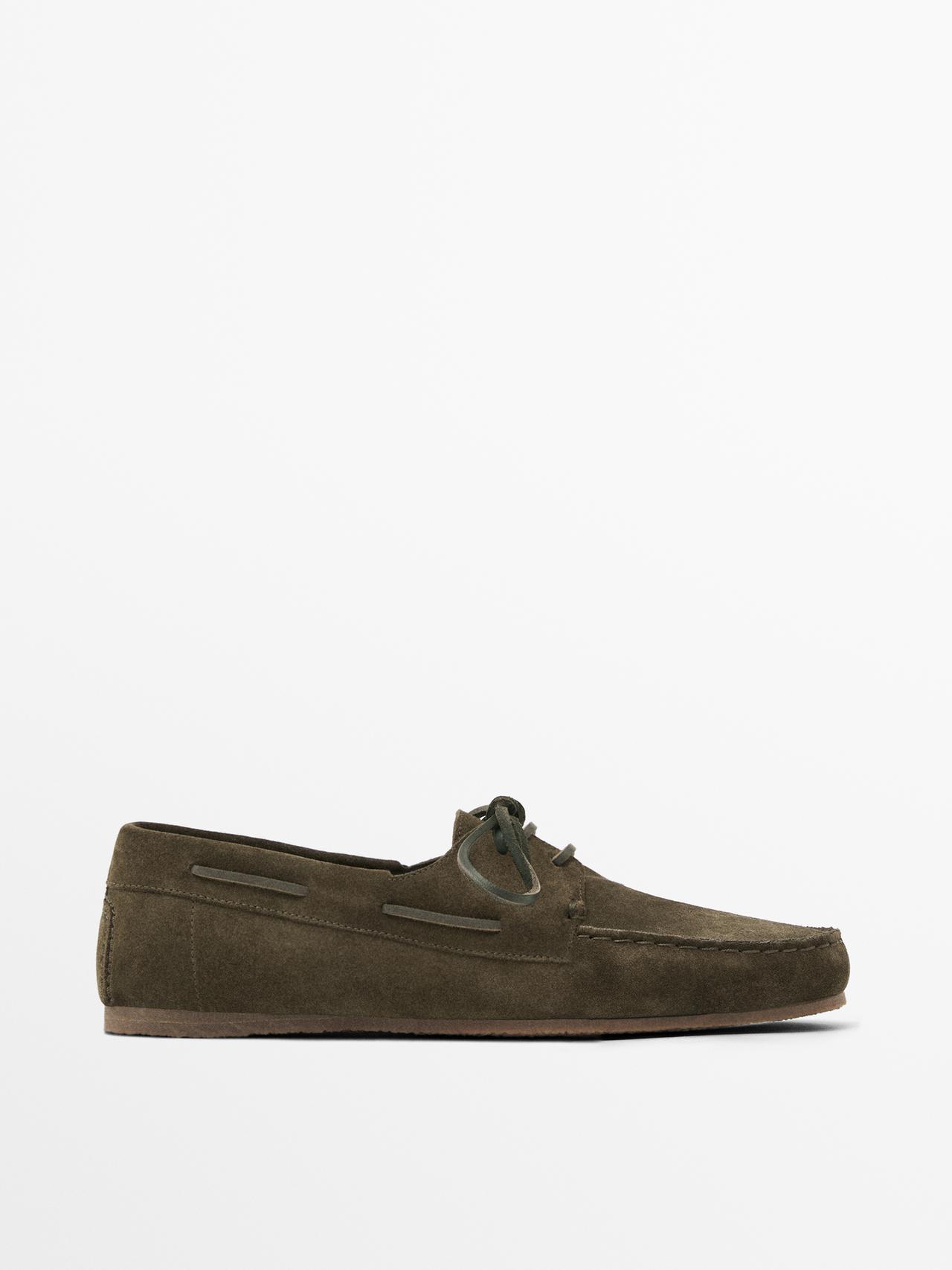 Massimo Dutti - Herre - Bløde Sejlersko I Spaltlæder - Kaki - 44