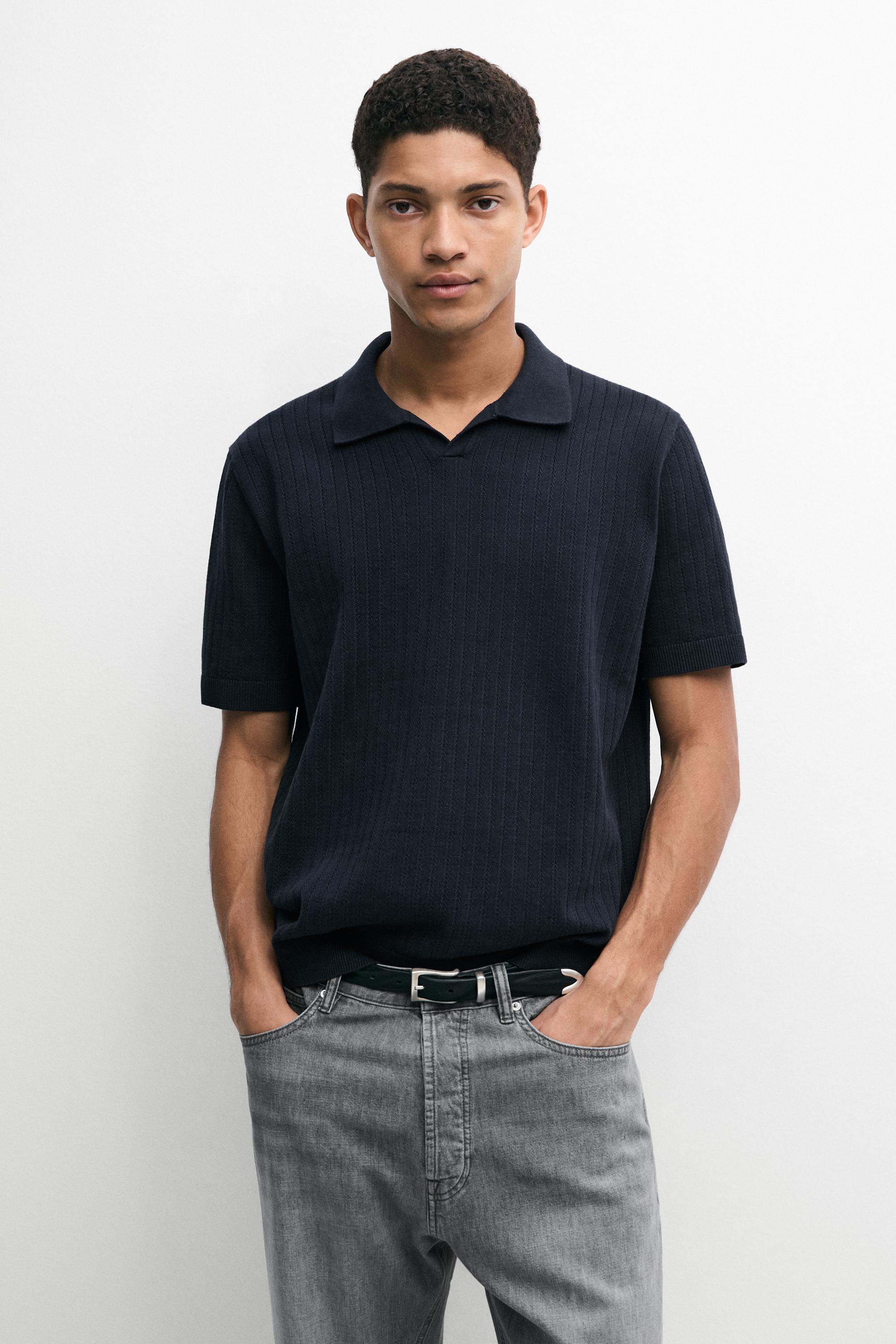 Knit polo sweater with cutwork detail — NAVY BLUE