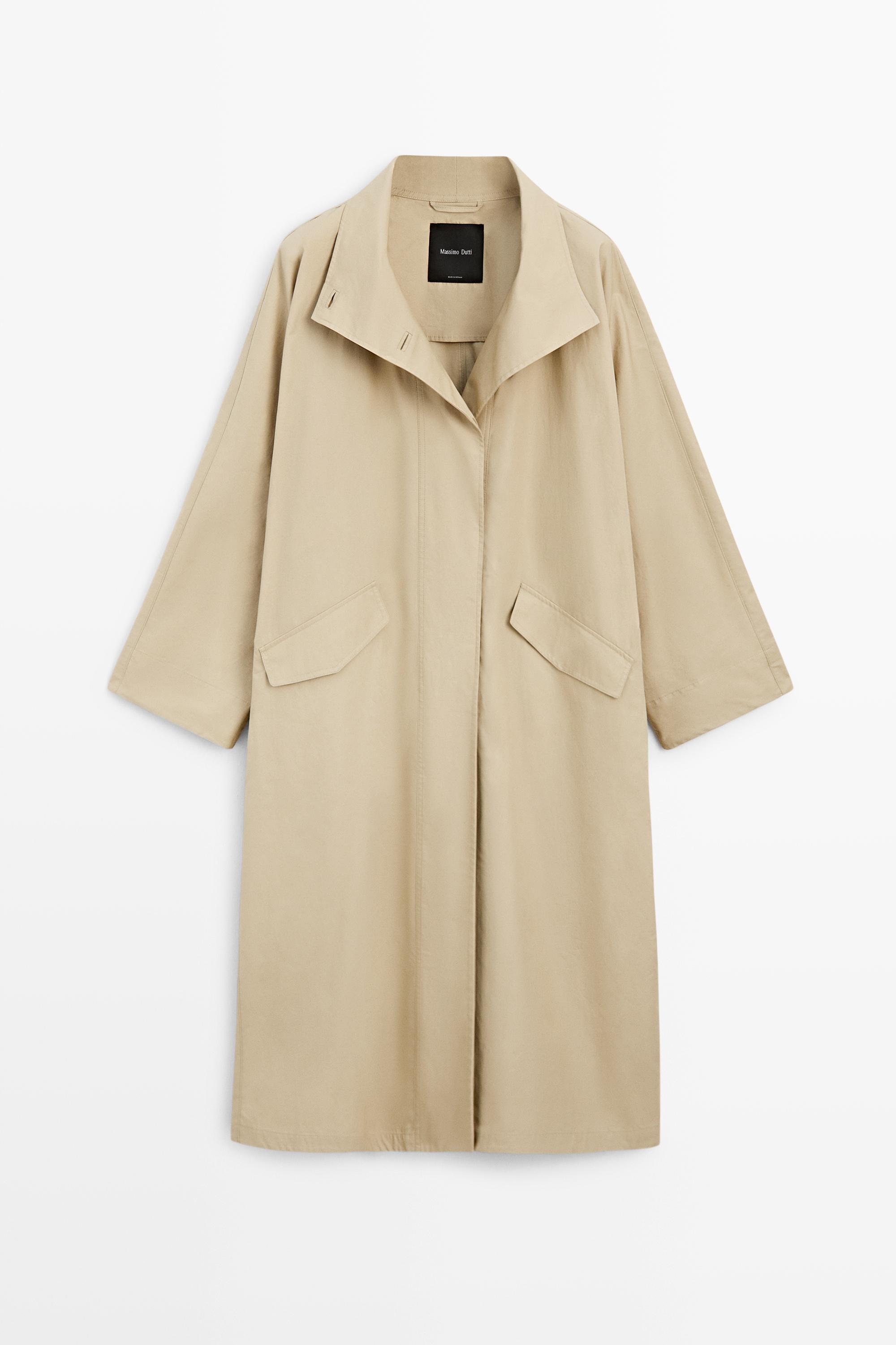 100% Cotton High-Neck Trench Coat — Light Beige