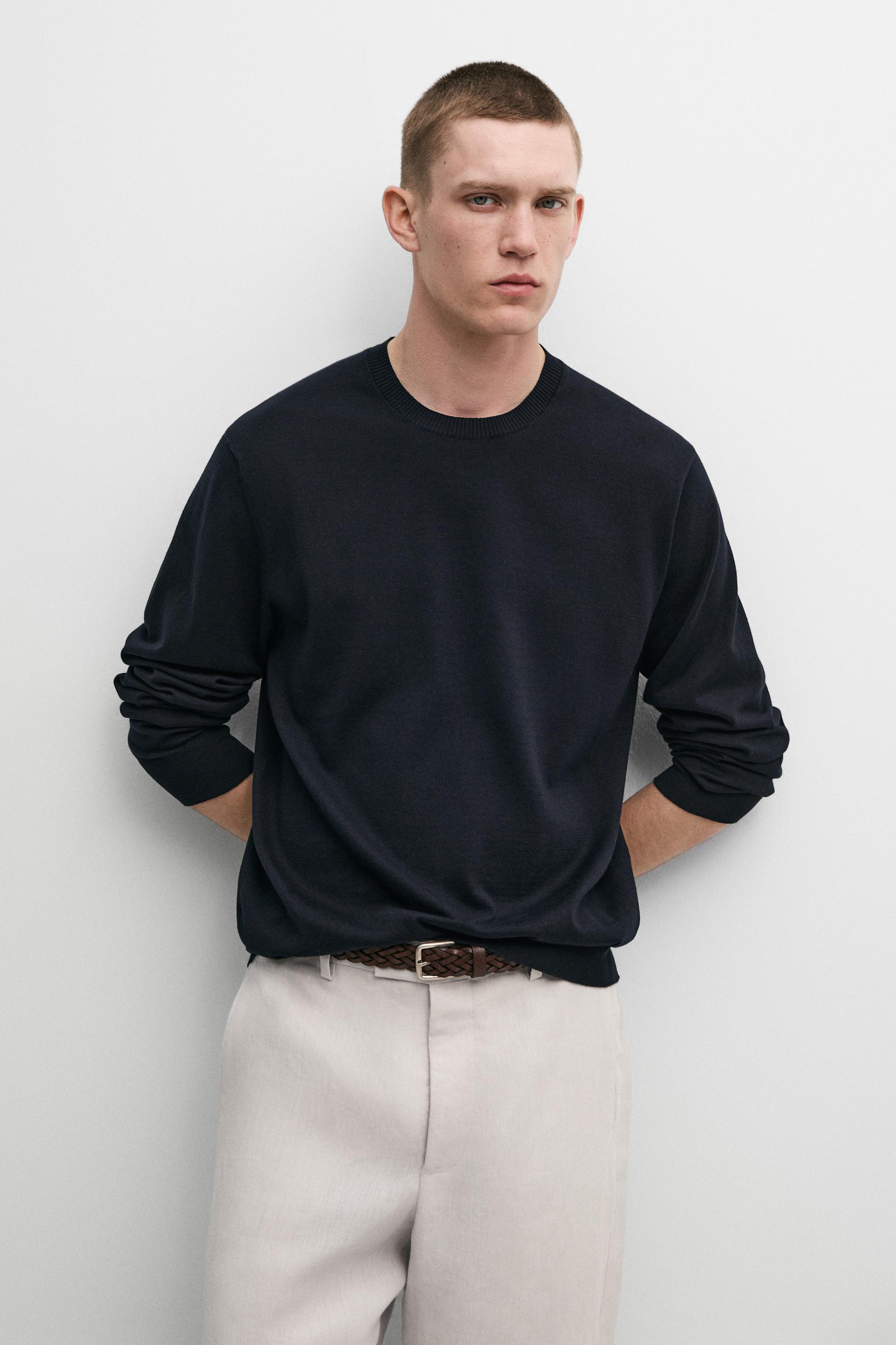 Knit 100% cotton crew neck sweater — NAVY BLUE