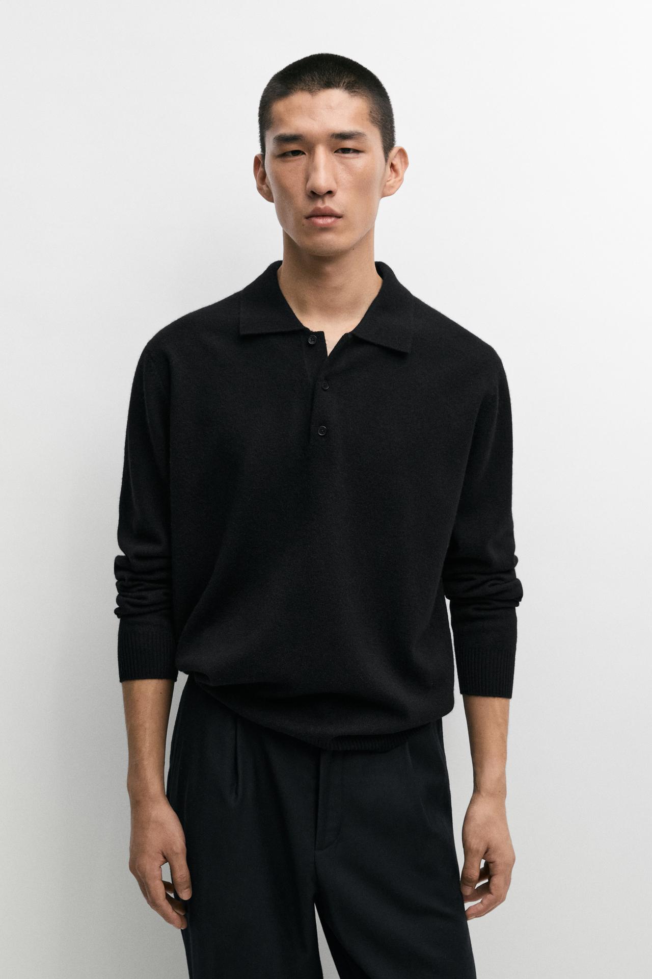 Wool blend polo sweater — BLACK