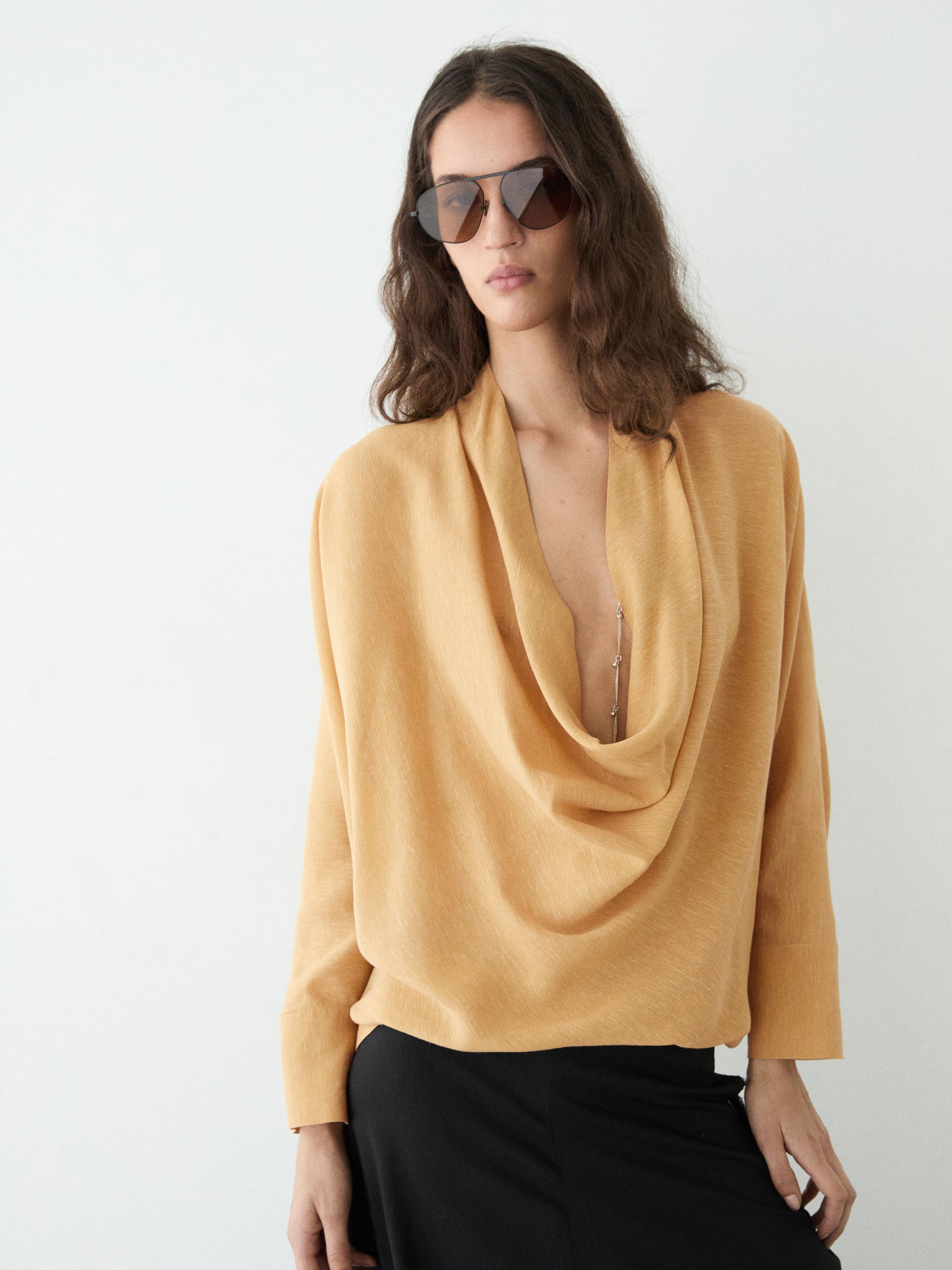 Flowing blouse with draped neckline — MUSTARD YELLOW
