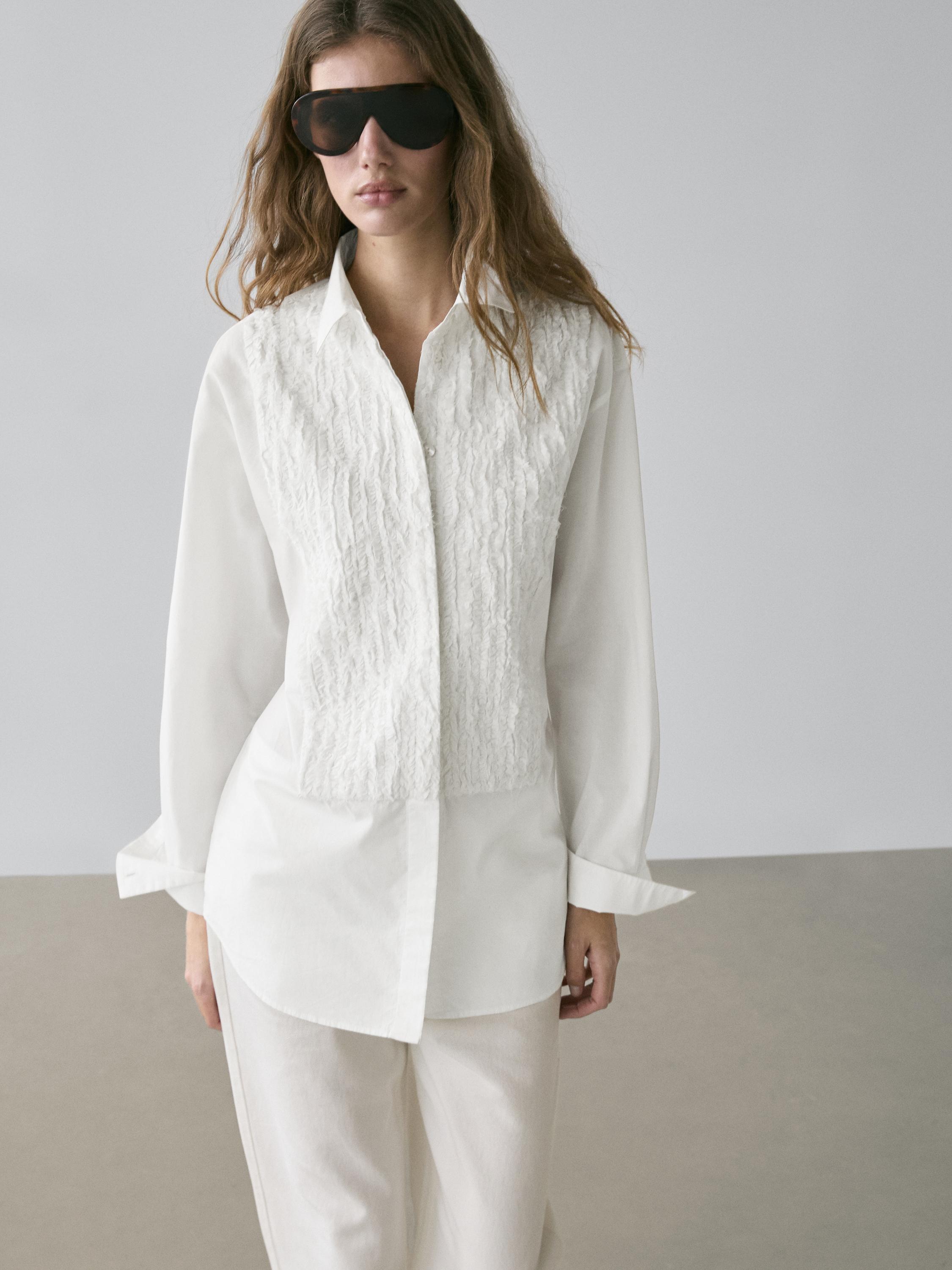 Bib front shirt with embroidered detail — WHITE