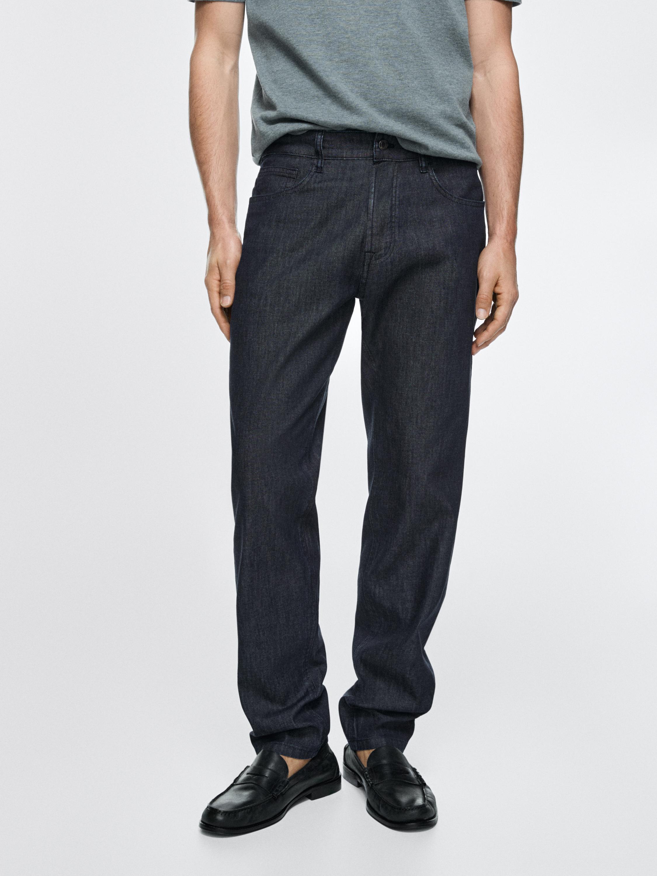 Lightweight tapered fit denim-effect trousers