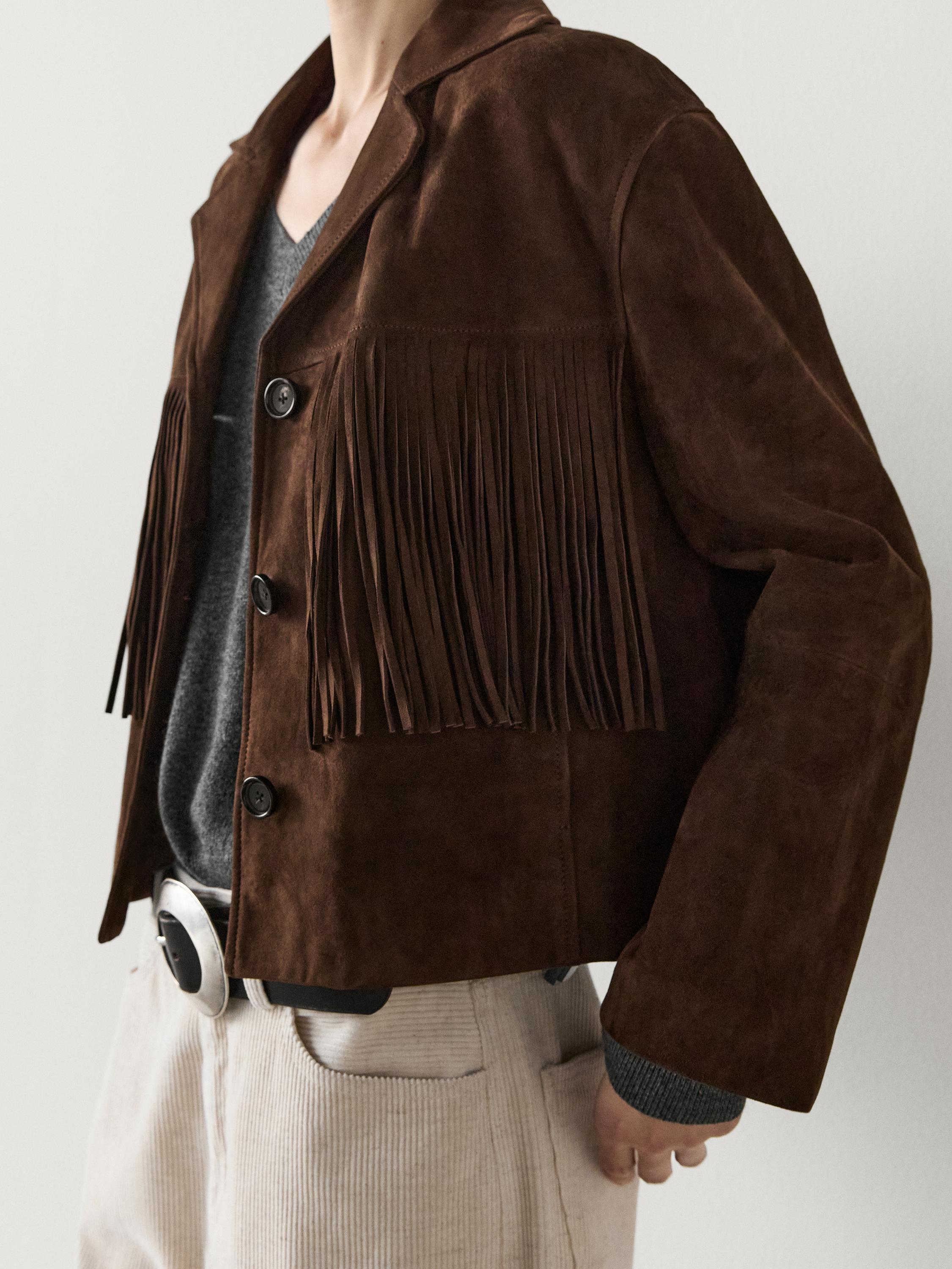 Zamszowa kurtka ze skórzanymi frędzlami