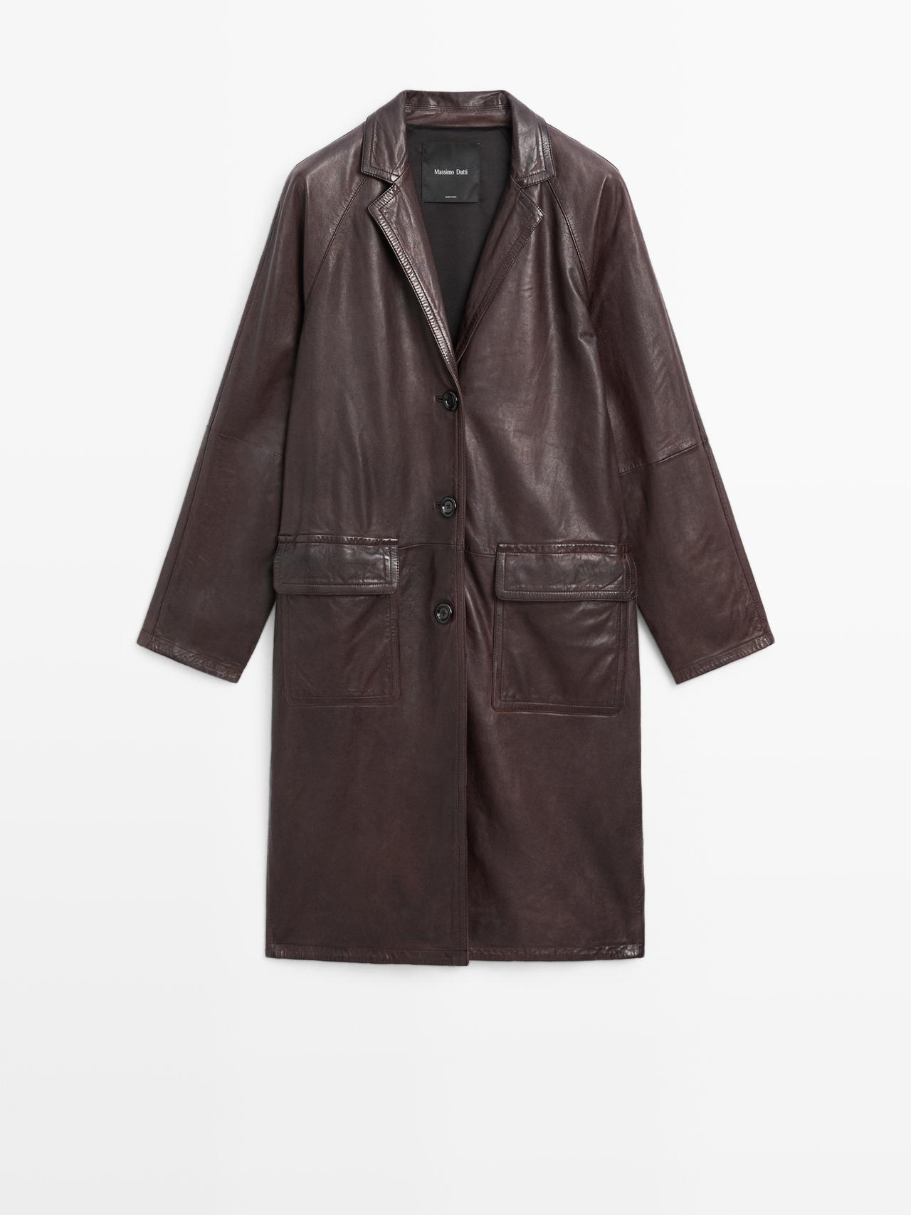 Massimo Dutti - Dame - Lang Frakke I Nappaskind - Brun - M