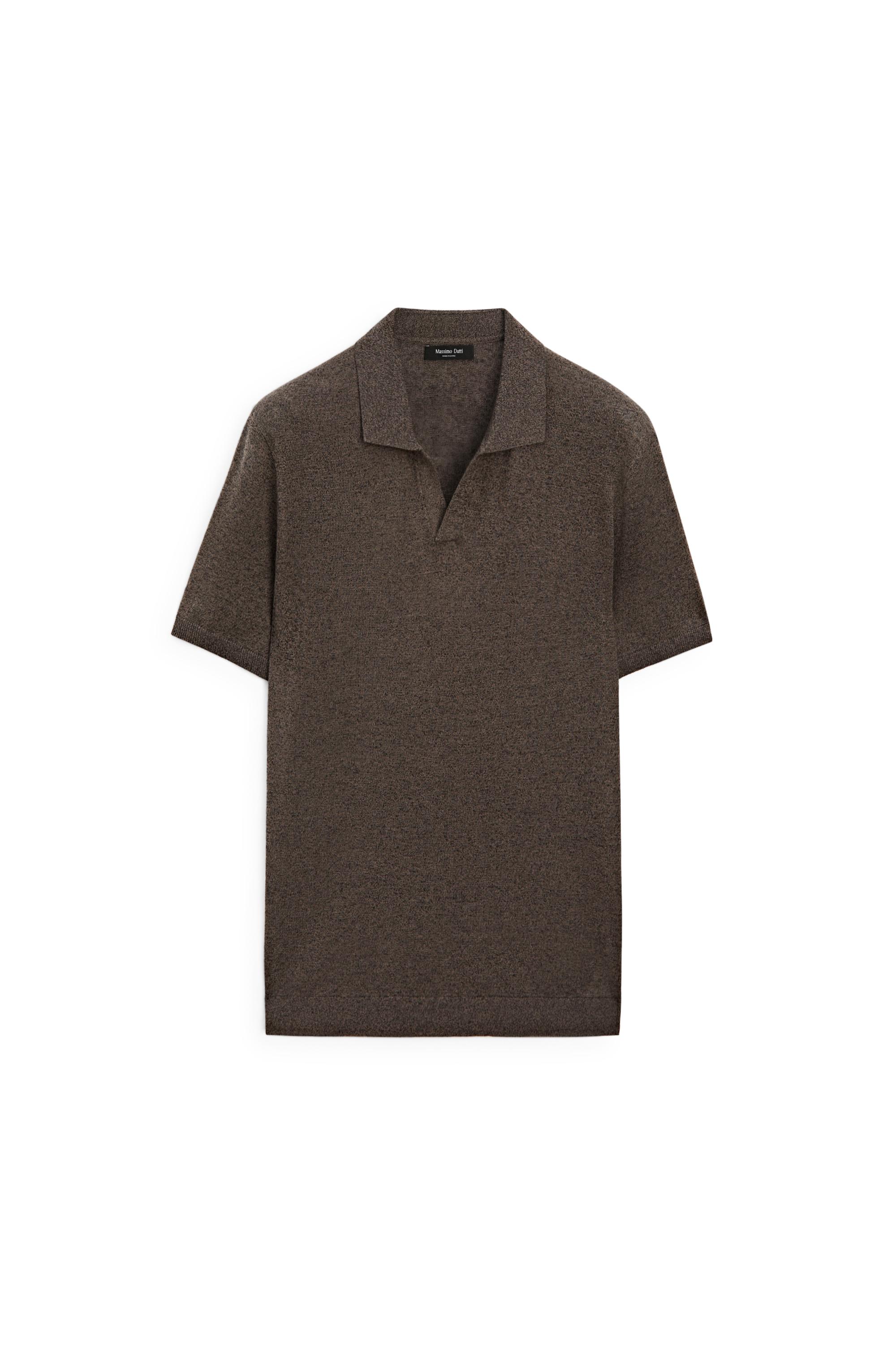 Linen blend V-neck polo shirt — BROWN