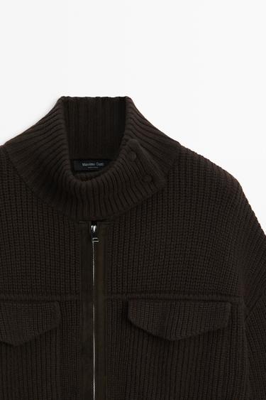 Mixed-Knit Suede Pocket Cardigan — BROWN 4