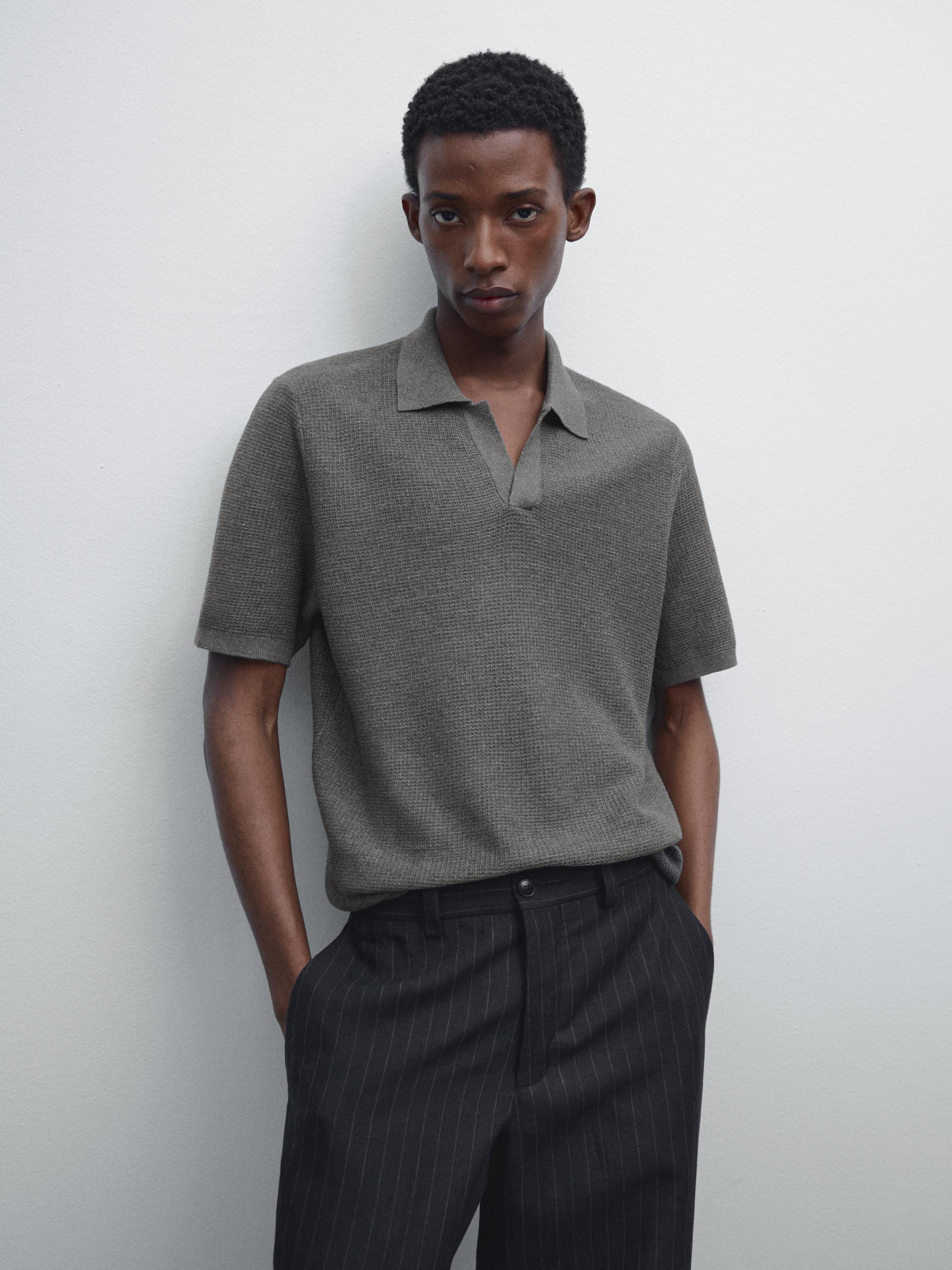 Polo en maille texturée et lin
