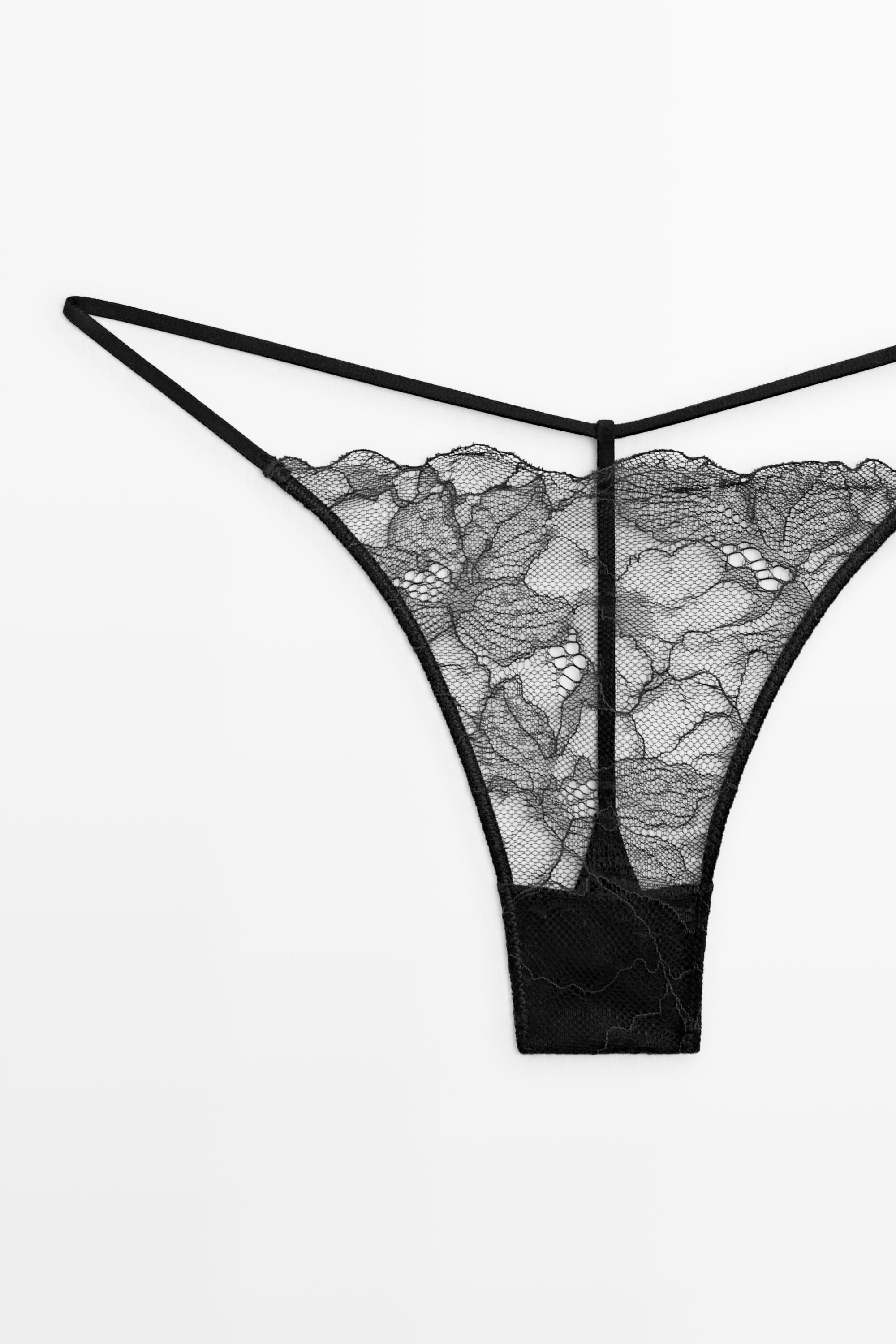Wavy-trim lace thong — BLACK
