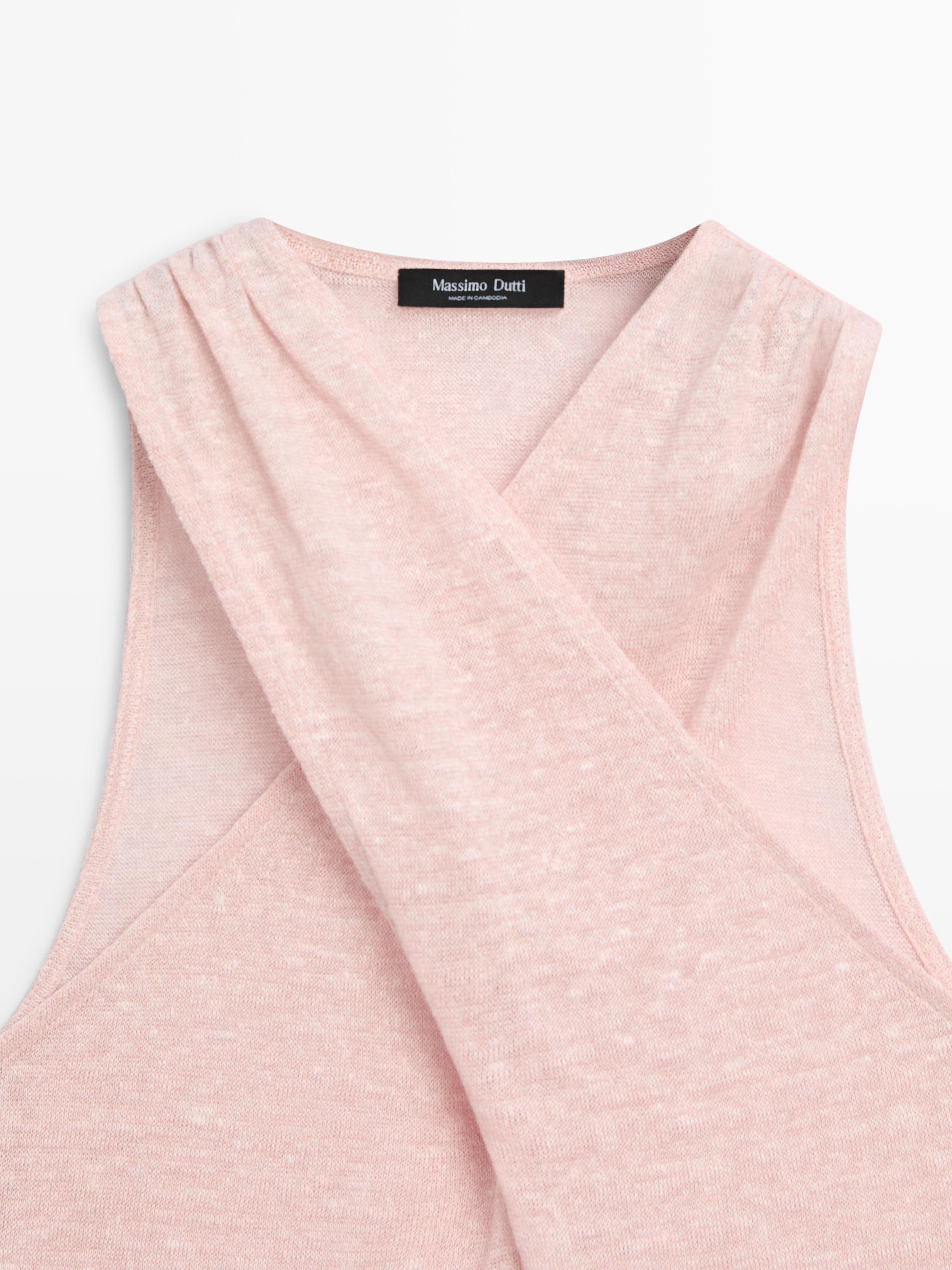 Linen blend top with surplice neckline · Chalk Pink, Brown · T