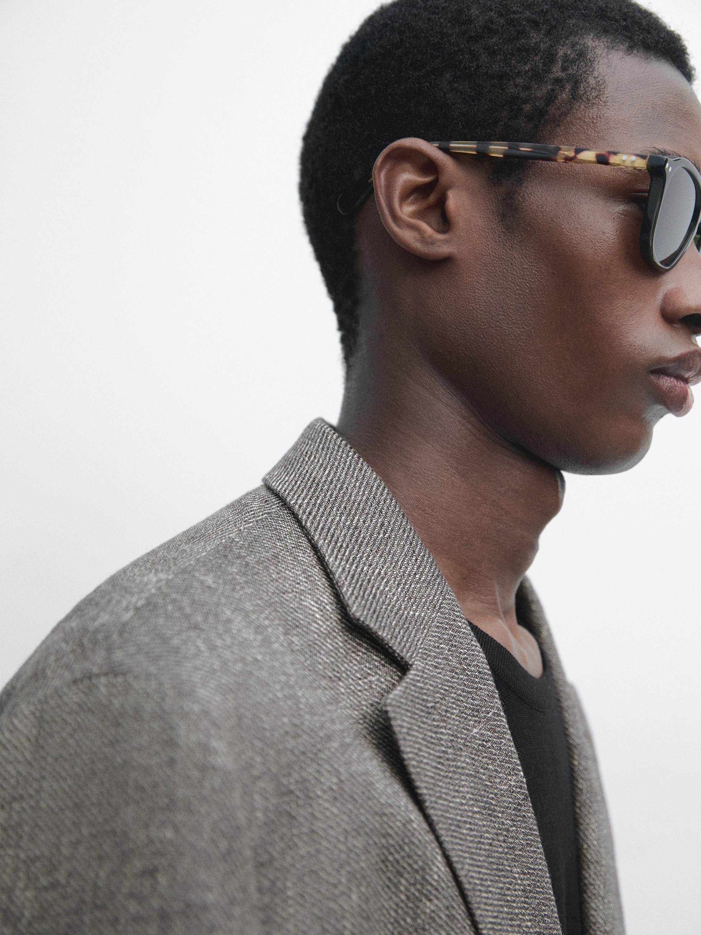 Tailored linen blend herringbone blazer — GREY MARL