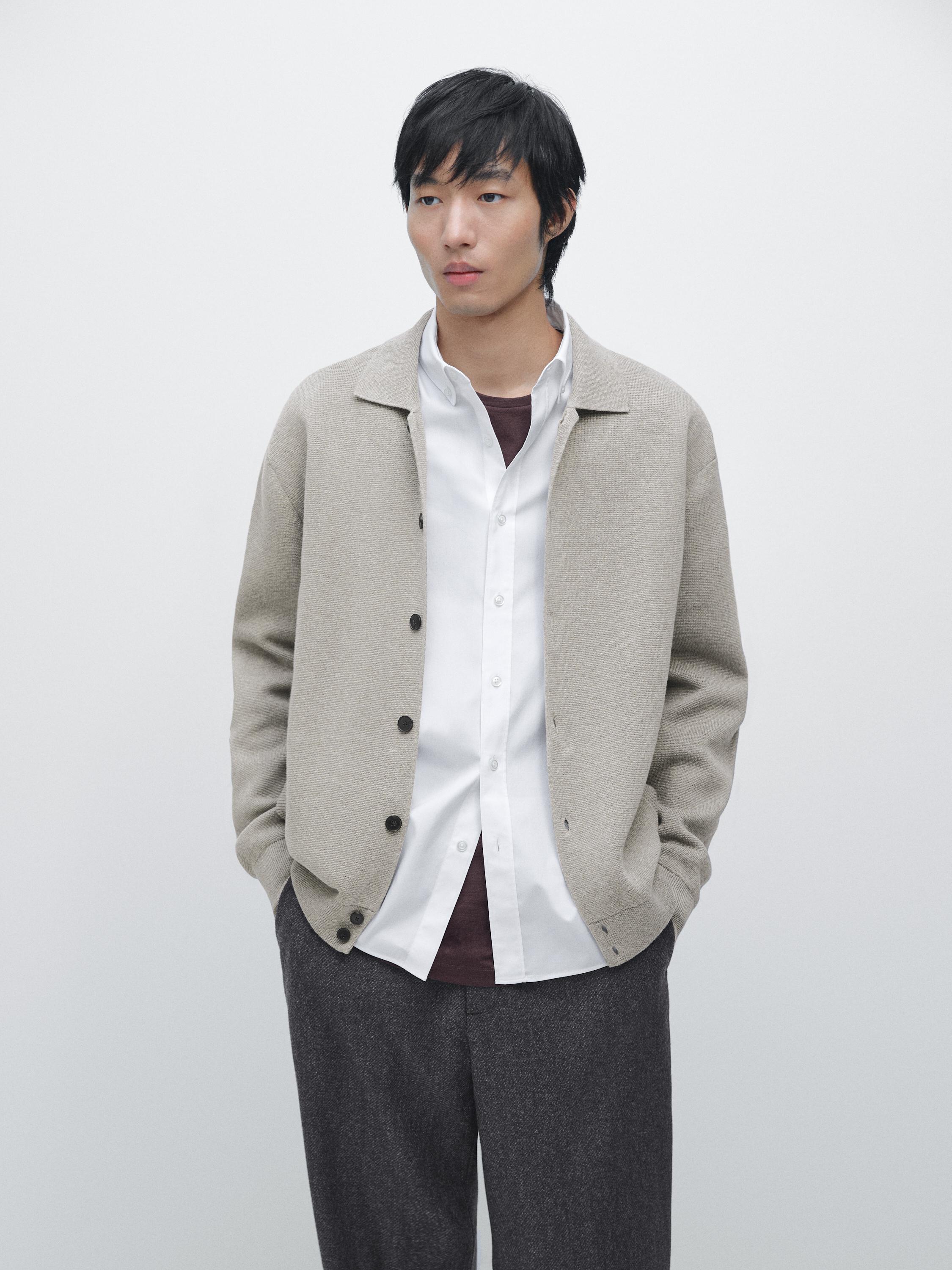100% cotton knit cardigan with polo collar — APPLE GREEN