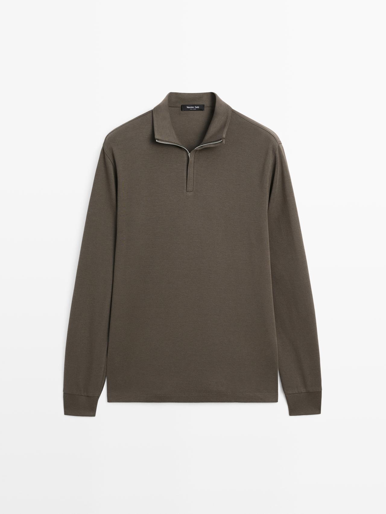Massimo Dutti - Herre - Poloshirt Med Høj Hals Med Lynlås - Mørkegrøn - L
