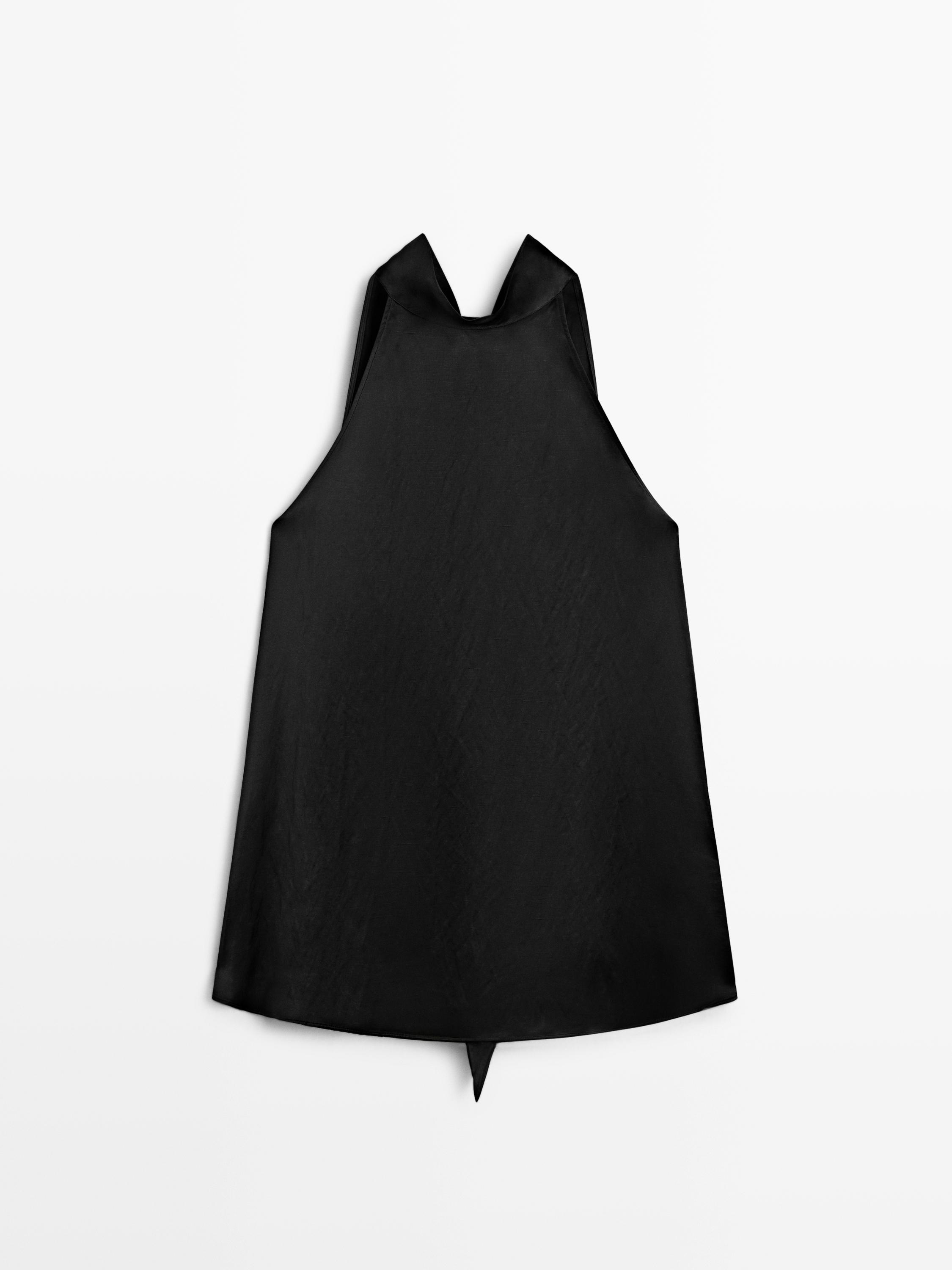 Satin halter top with tie detail — BLACK