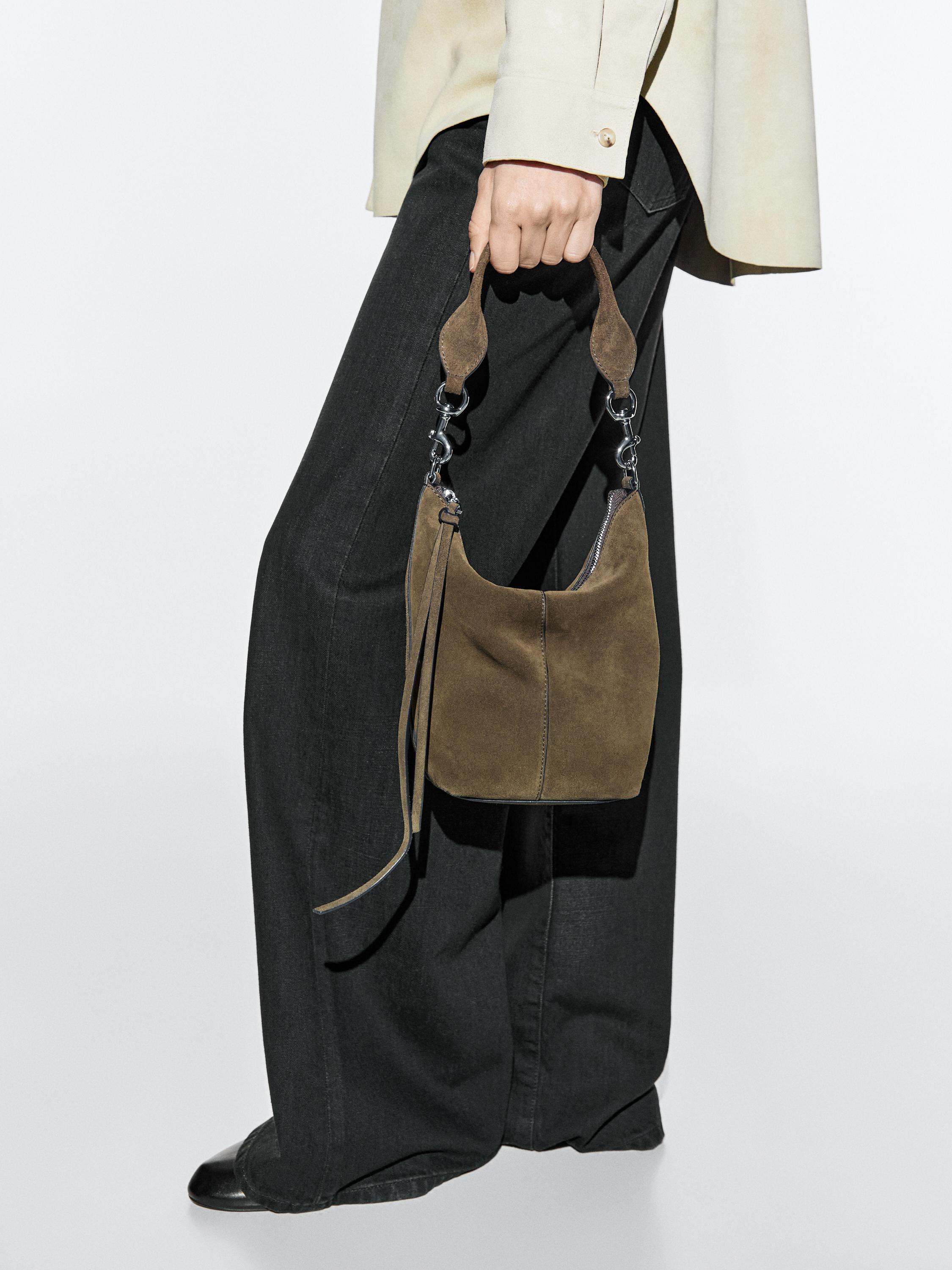 Split suede leather bucket bag — KHAKI