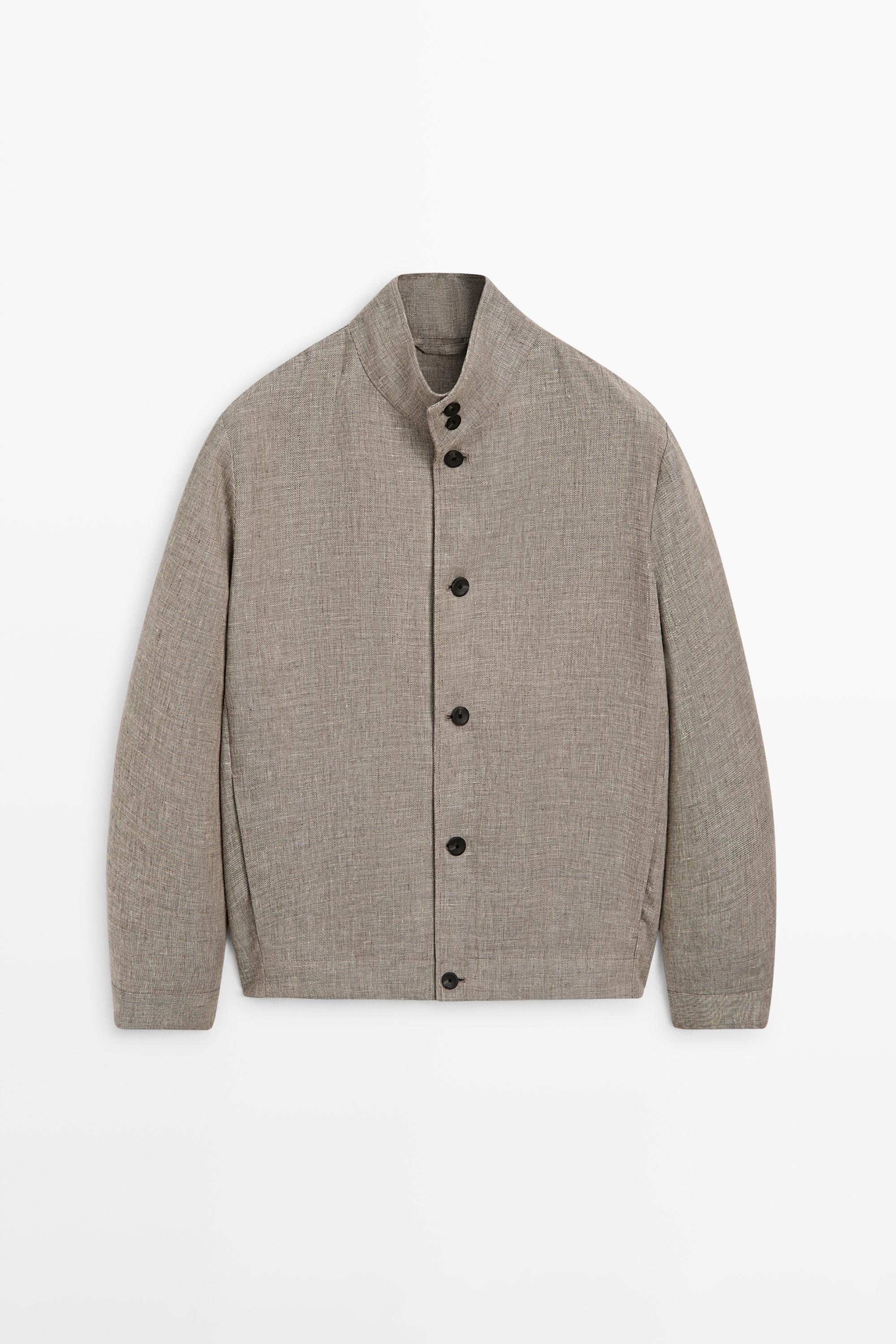Linen blend bomber jacket with collar detail — BEIGE MARL
