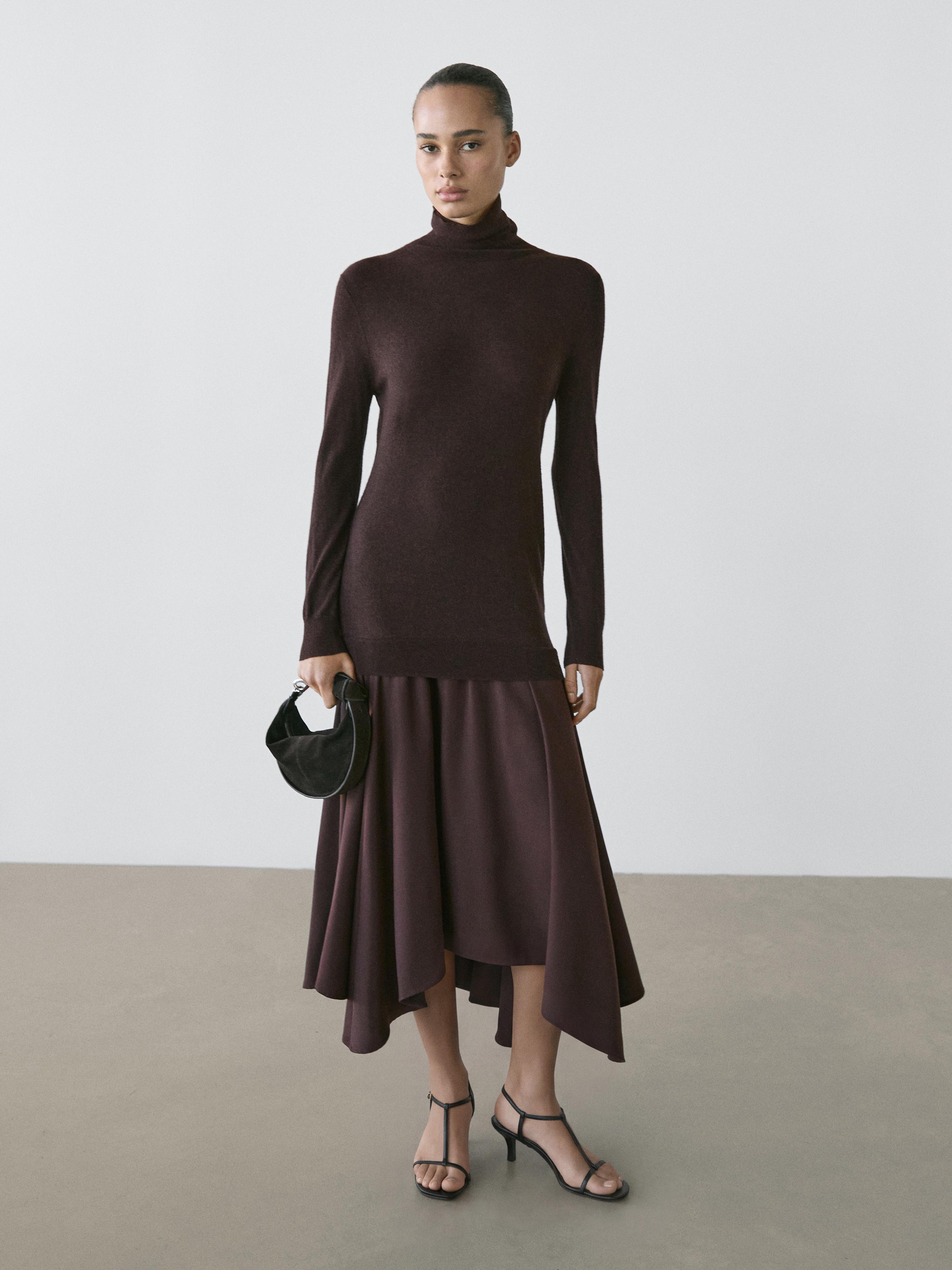Wool blend knit dress with contrast detail — Chocolate