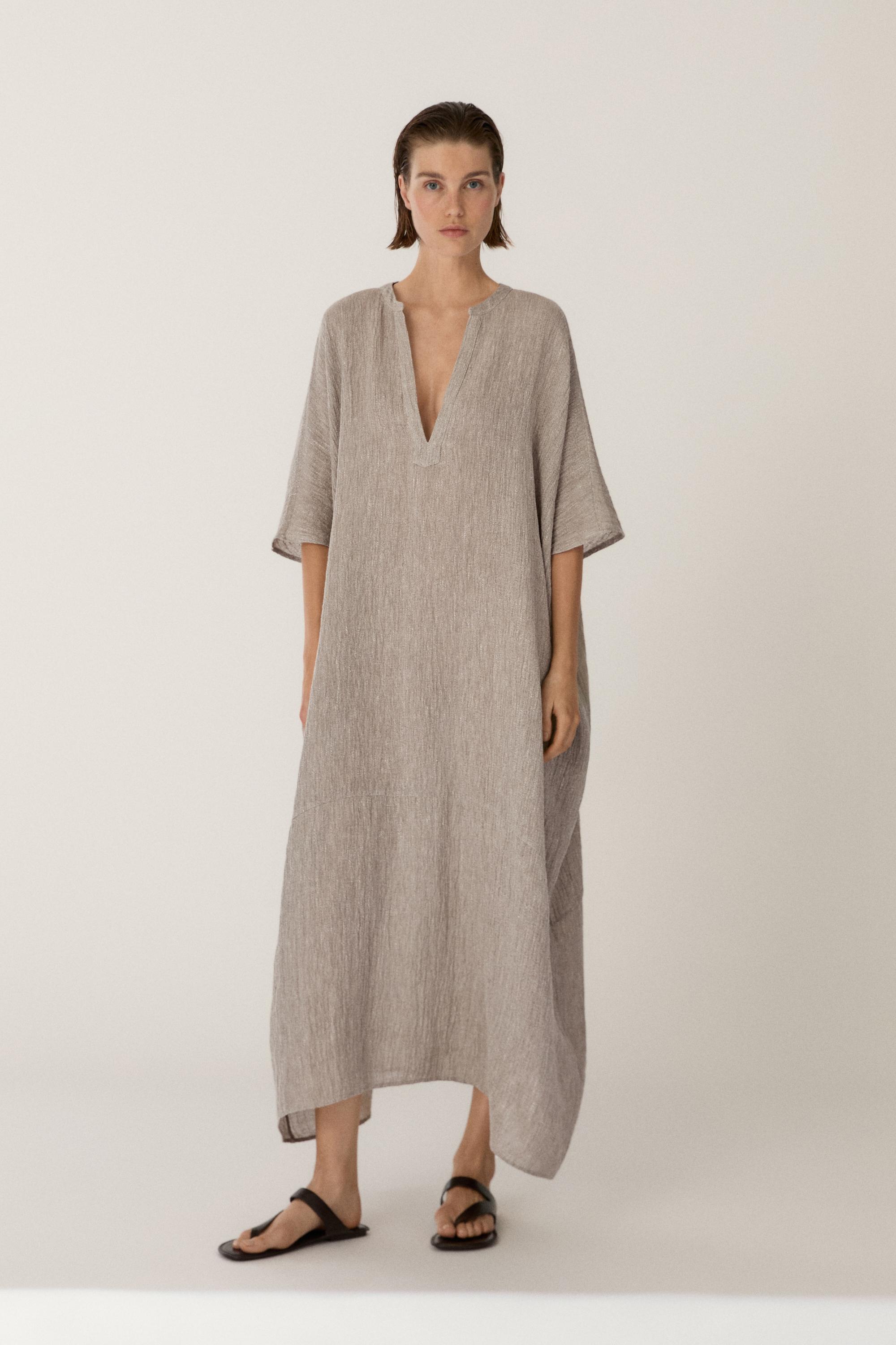 Waffle-knit linen blend kaftan dress