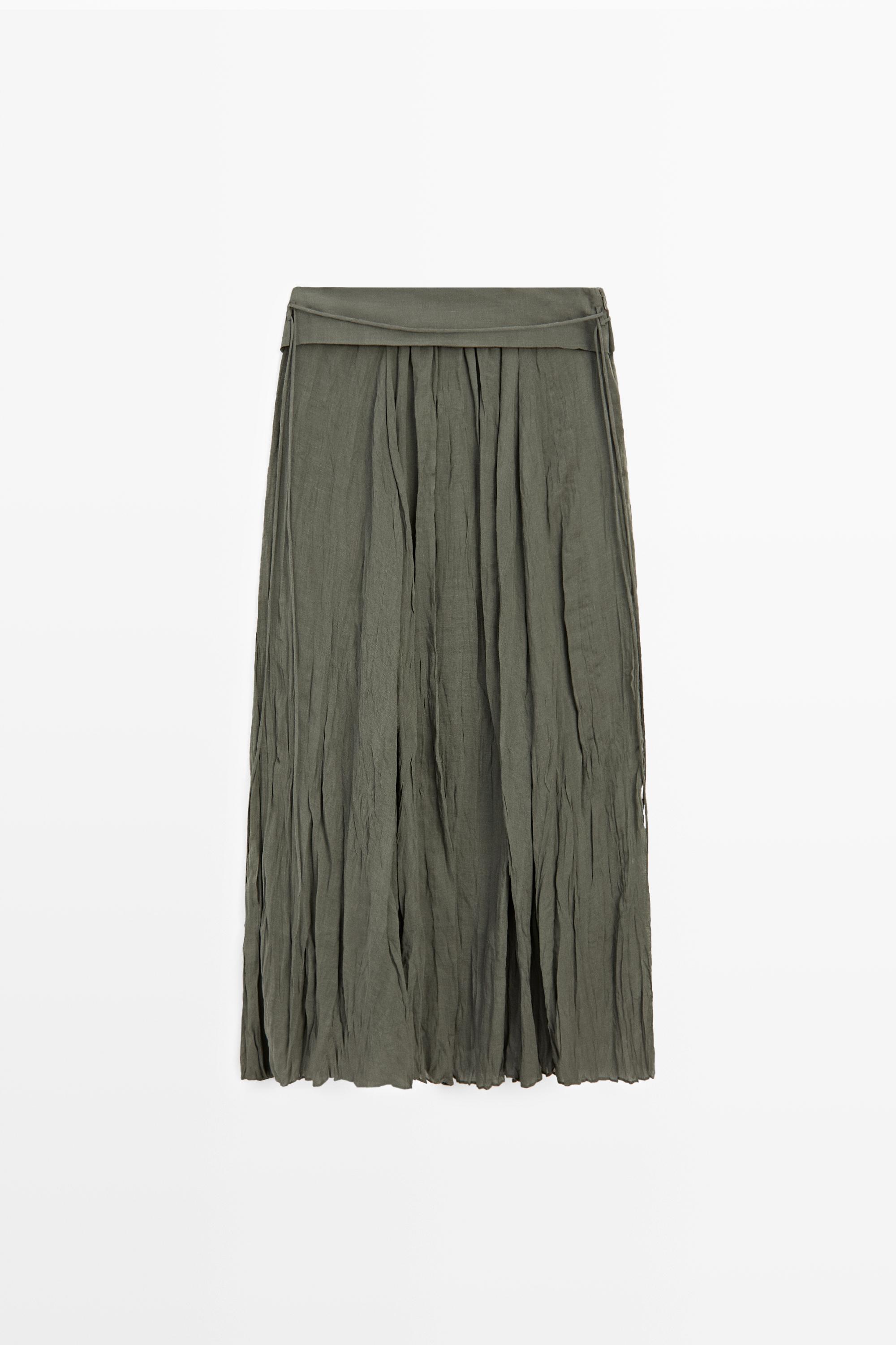 Ramie blend midi skirt with gathered detail — GREEN