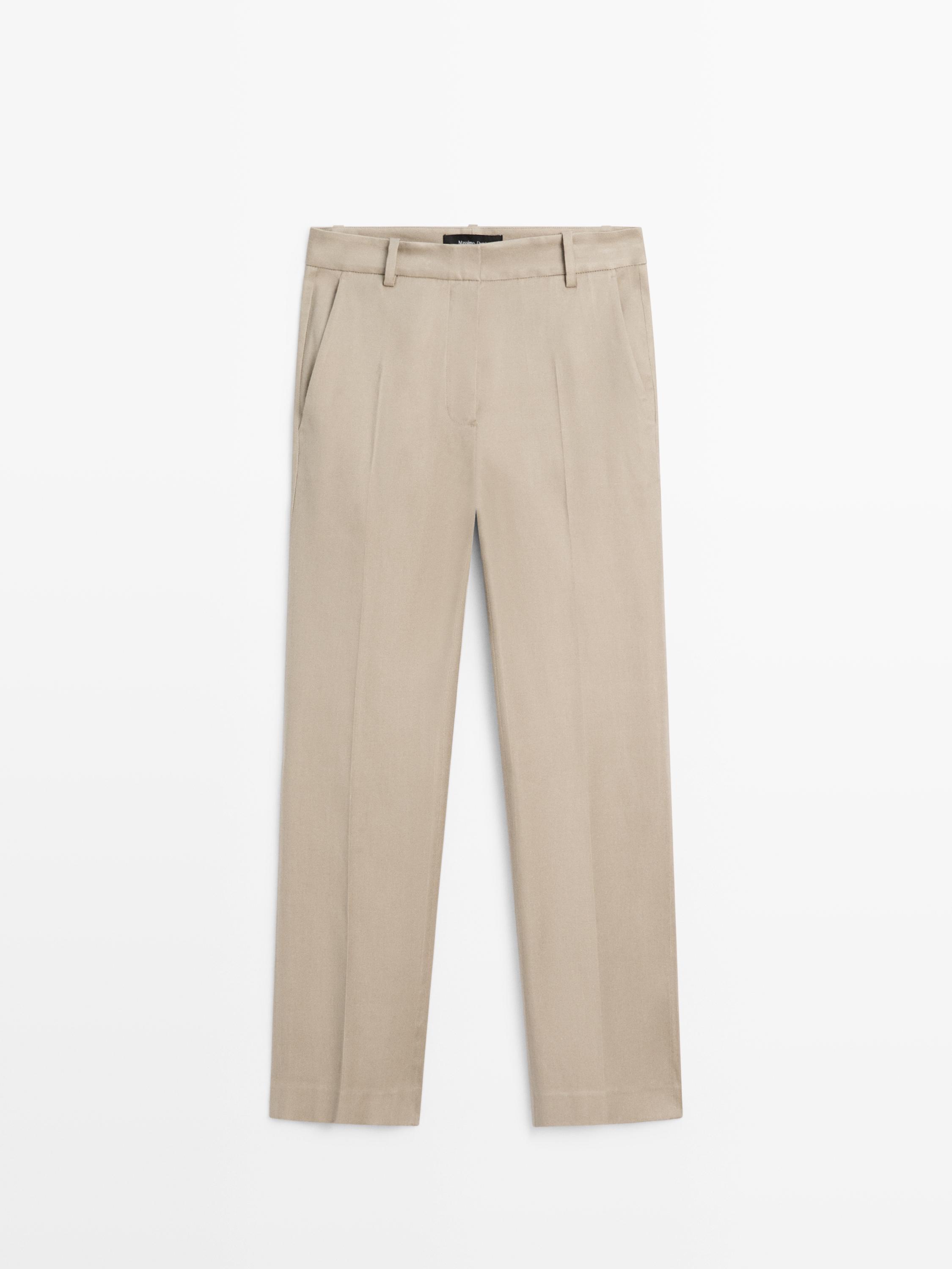 Straight-leg linen blend trousers — BEIGE