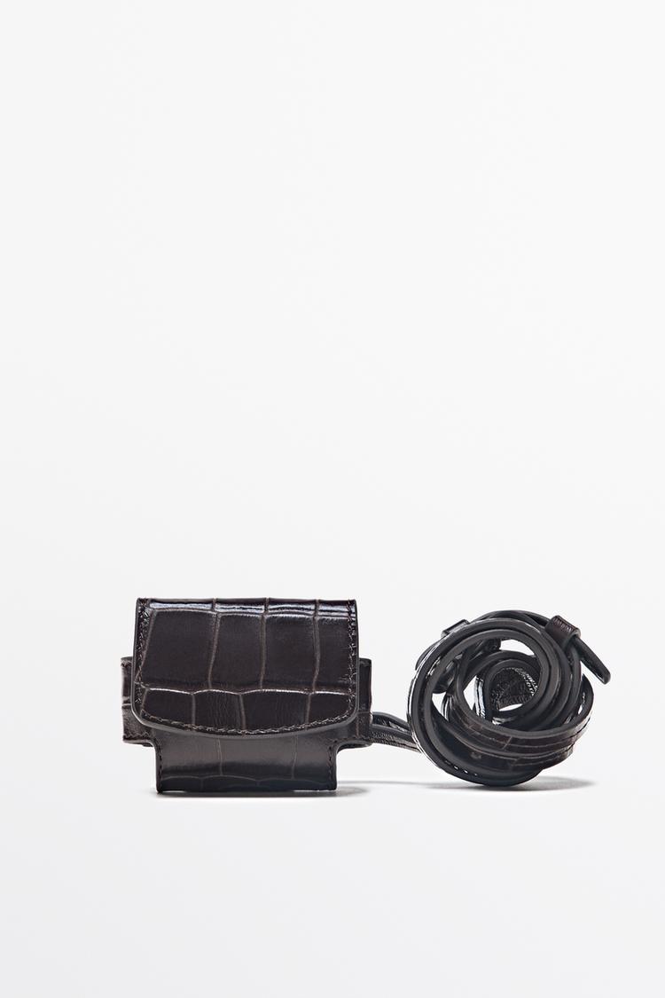 Crocodile-textured leather AirPods case — BROWN