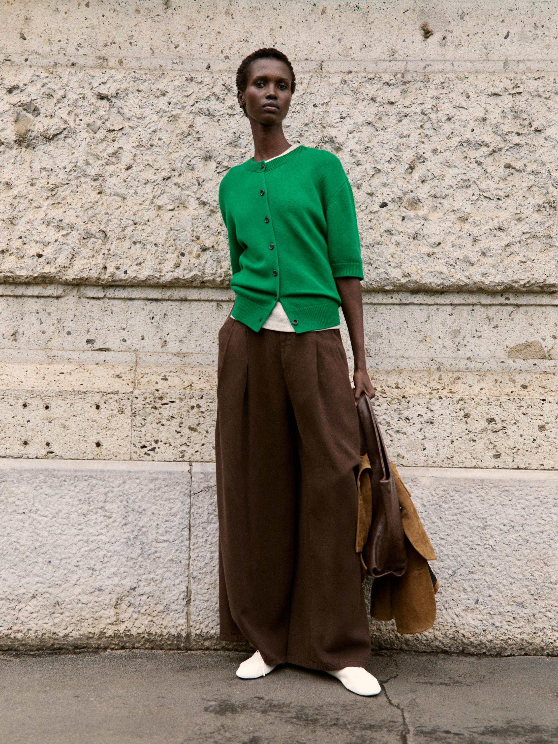 Cotton blend short sleeve knit cardigan — GREEN