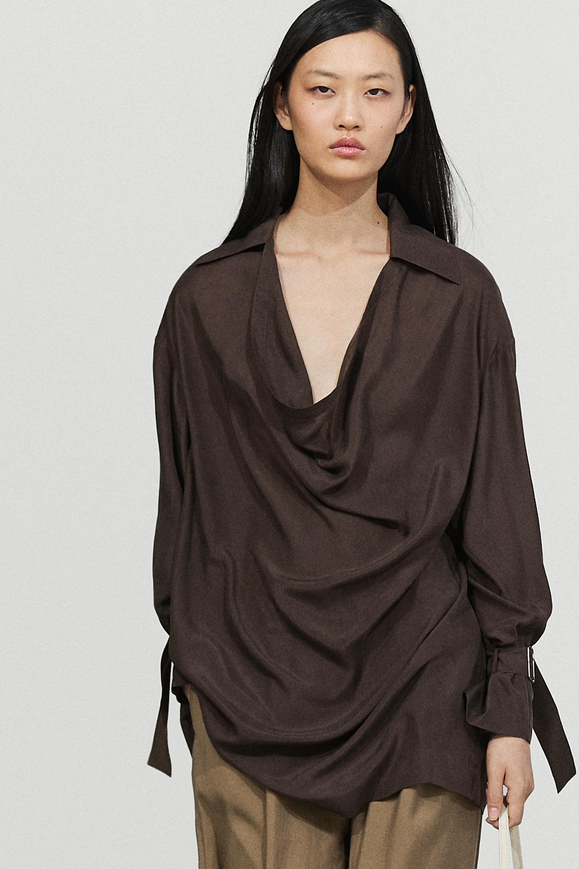 100% Silk Draped Neckline Flowy Shirt — BROWN