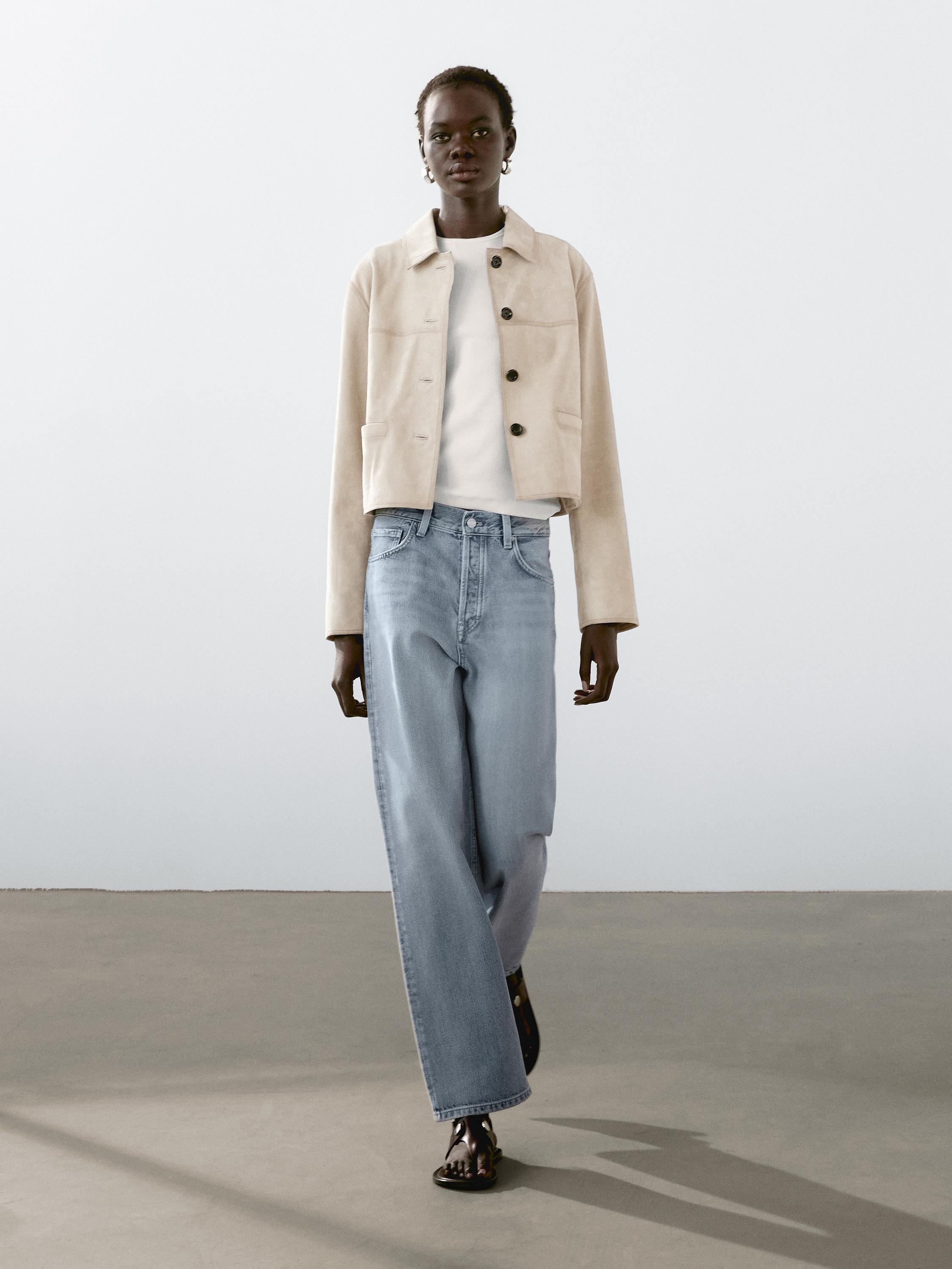 ג'קט קצר מעור זמש עור עם תפירה גלויה