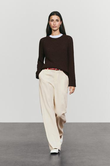 Cotton-blend boat-neck knit sweater — BROWN 1