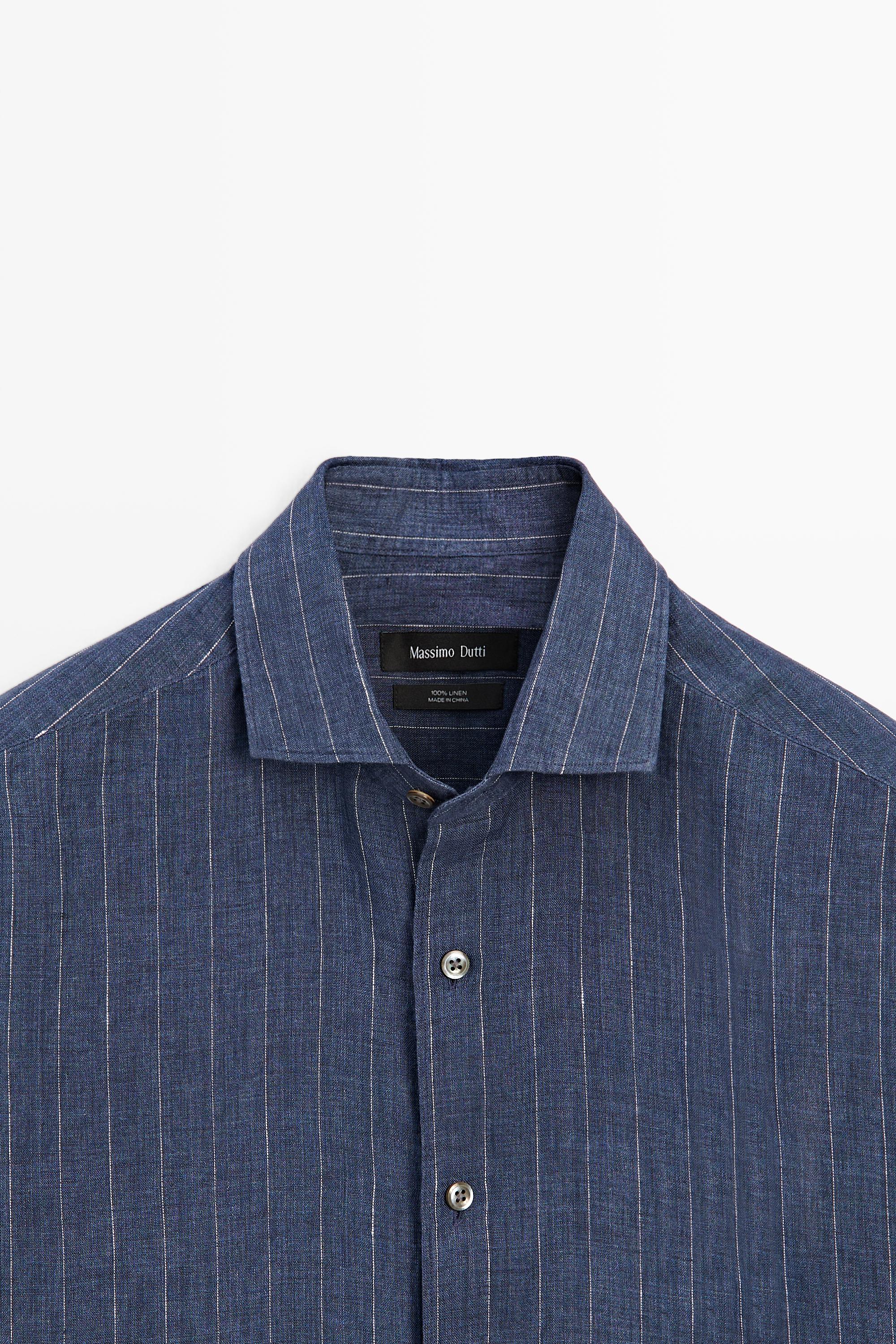 Regular fit striped delave 100% linen shirt — NAVY BLUE