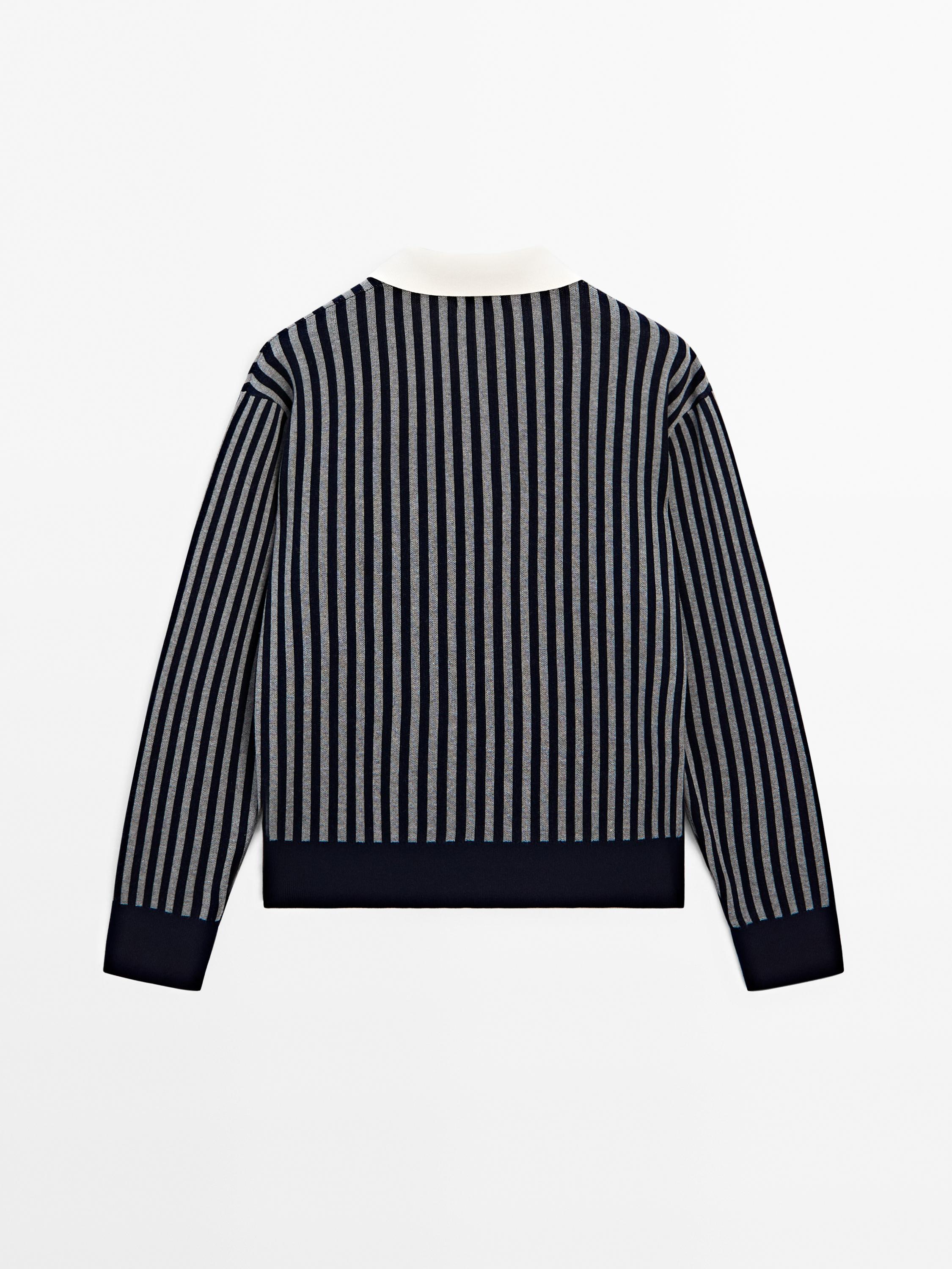Striped knit sweater with polo collar