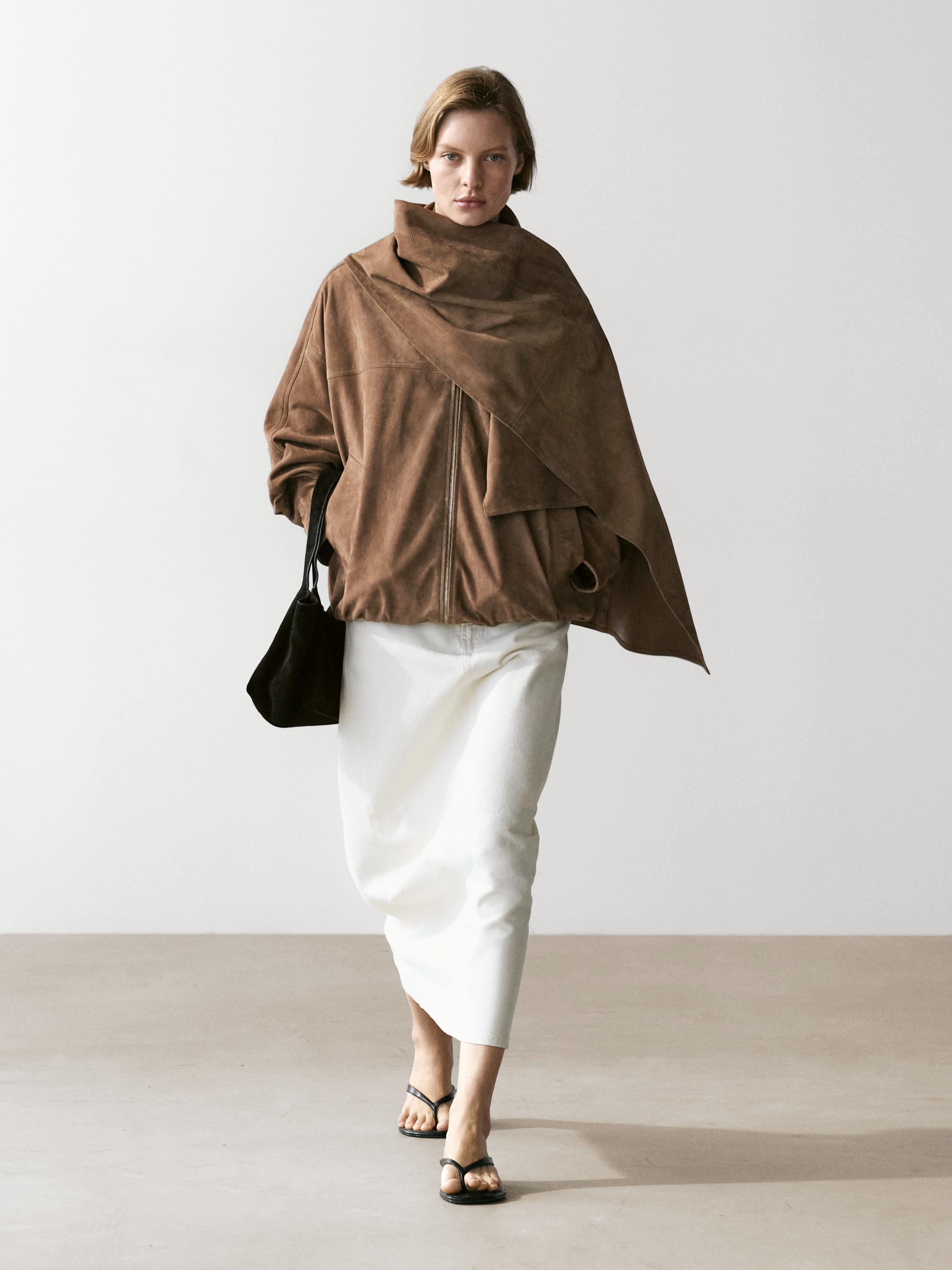 Suede leather bomber jacket with scarf detail — MOLE BROWN