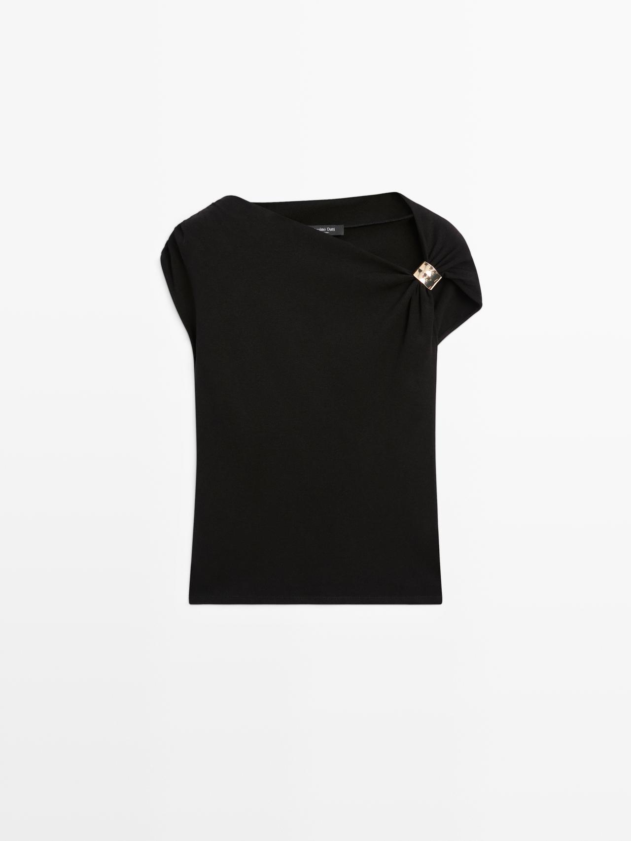 Massimo Dutti - Dame - Draperet Top Uden Ærmer Med Applikeret Skulder - Sort - L