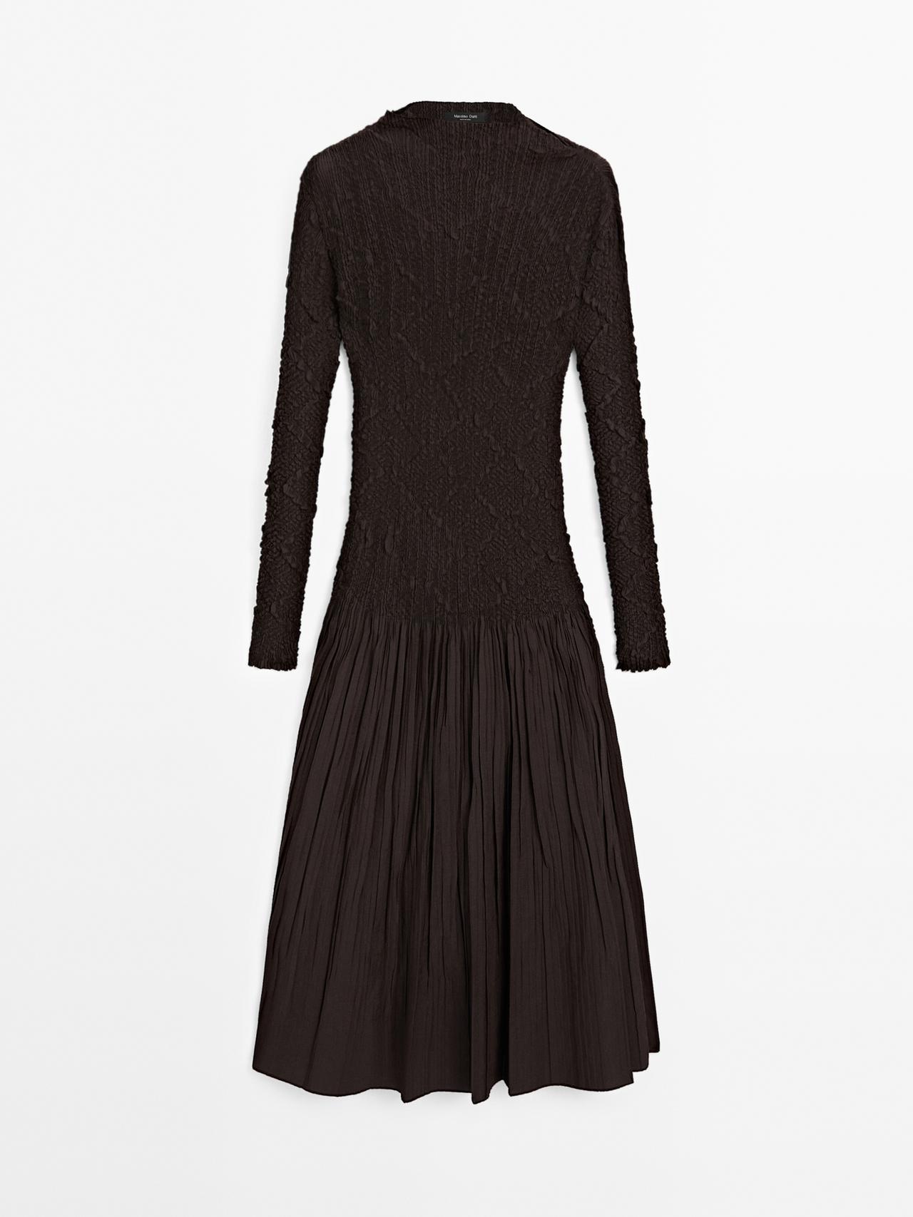 Massimo Dutti - Dame - Lang, Plisseret Kjole I Stretch - Brun - Xl