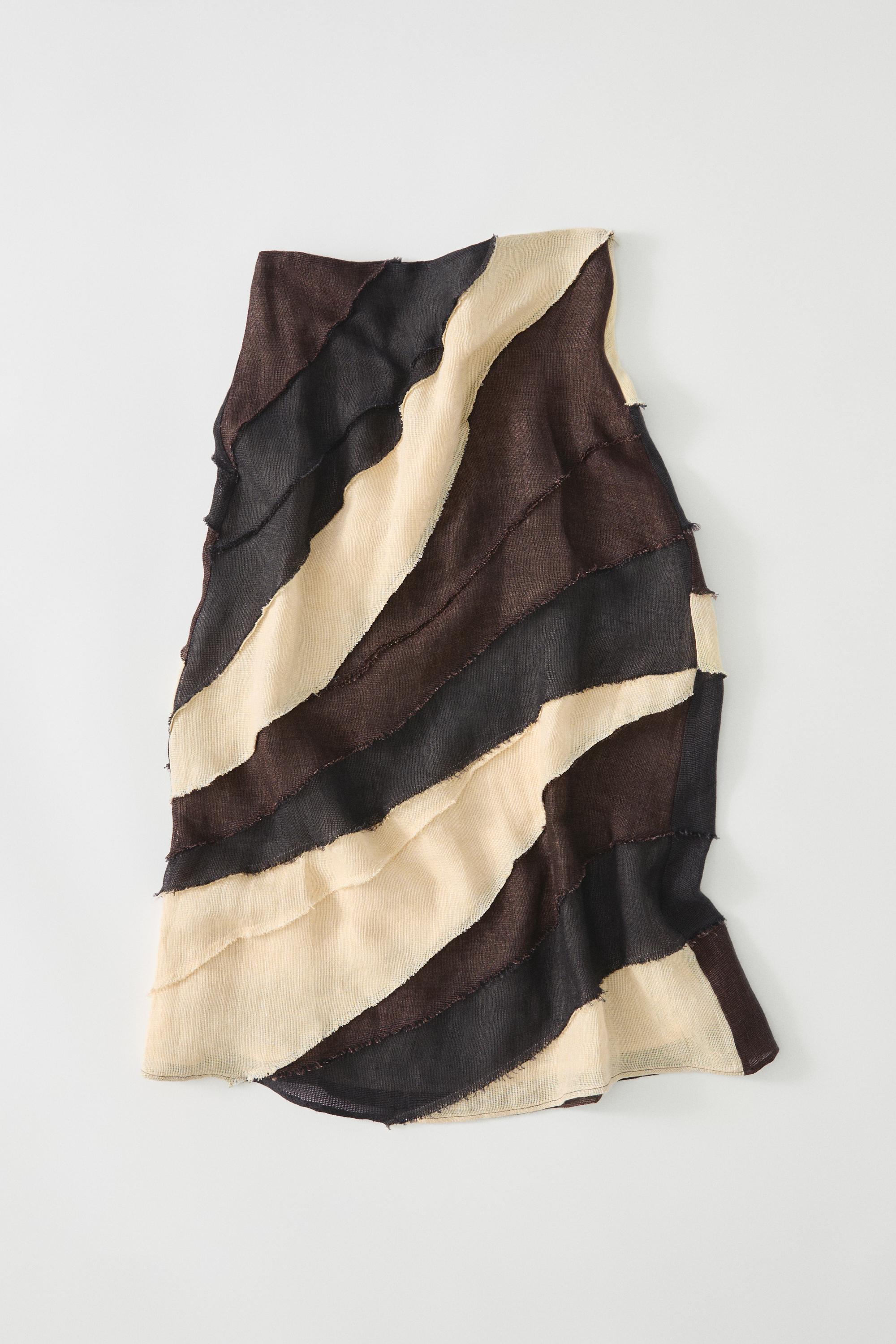 Layered contrast linen midi skirt — BROWN