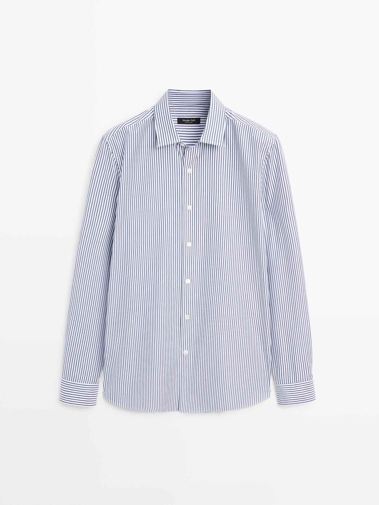 Massimo Dutti - Herre - Regular Fit, Stribet Skjorte I Poplin - Marineblå - S